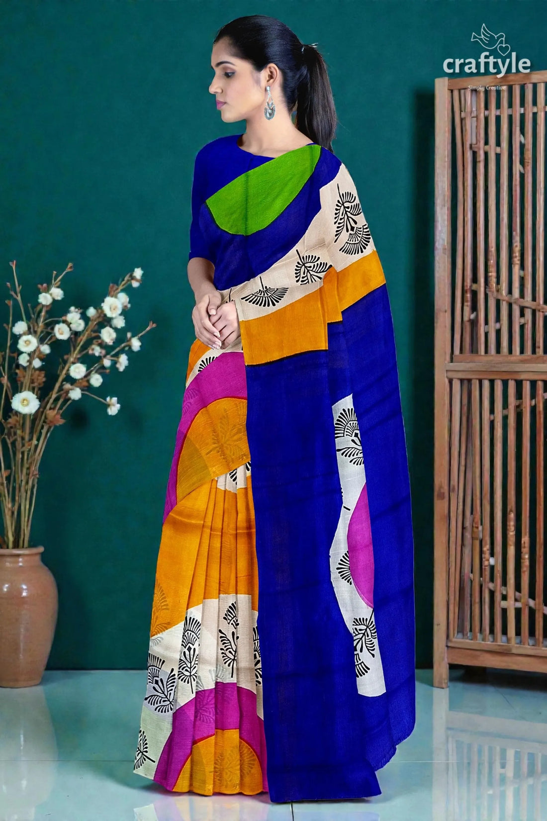 Hand block printed pure mulberry silk saree - yellow orange and blue vibrant multicolored saree bold geometric 2
