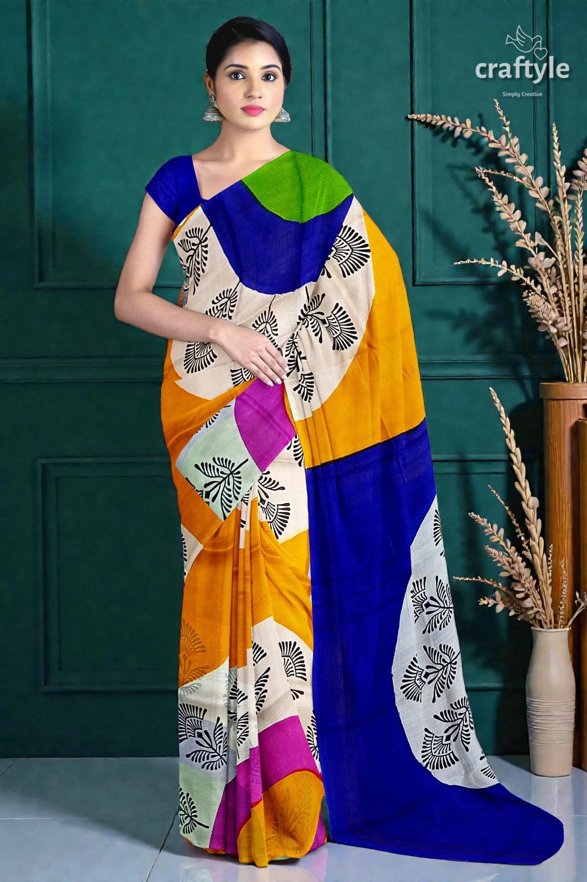 Hand block printed pure mulberry silk saree - yellow orange and blue vibrant multicolored saree bold geometric 3