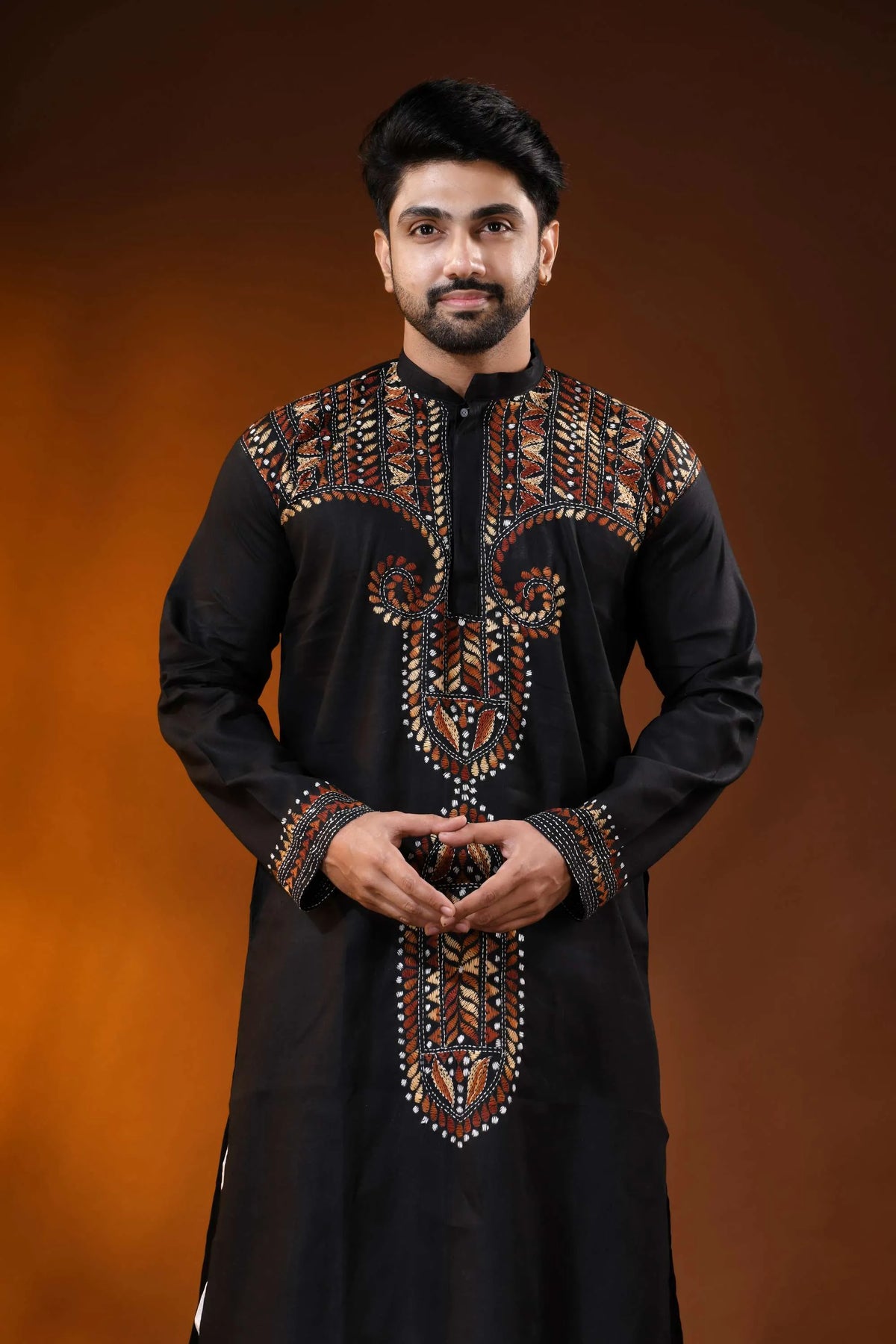 Hand embroidered black cotton kantha panjabi with brown ethnic work 2
