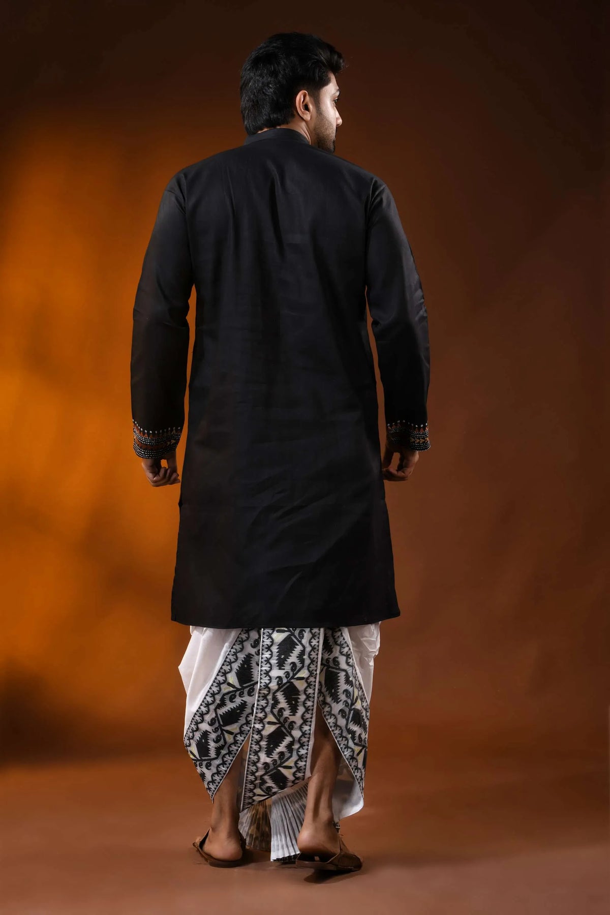 Hand embroidered black cotton kantha panjabi with brown ethnic work 6