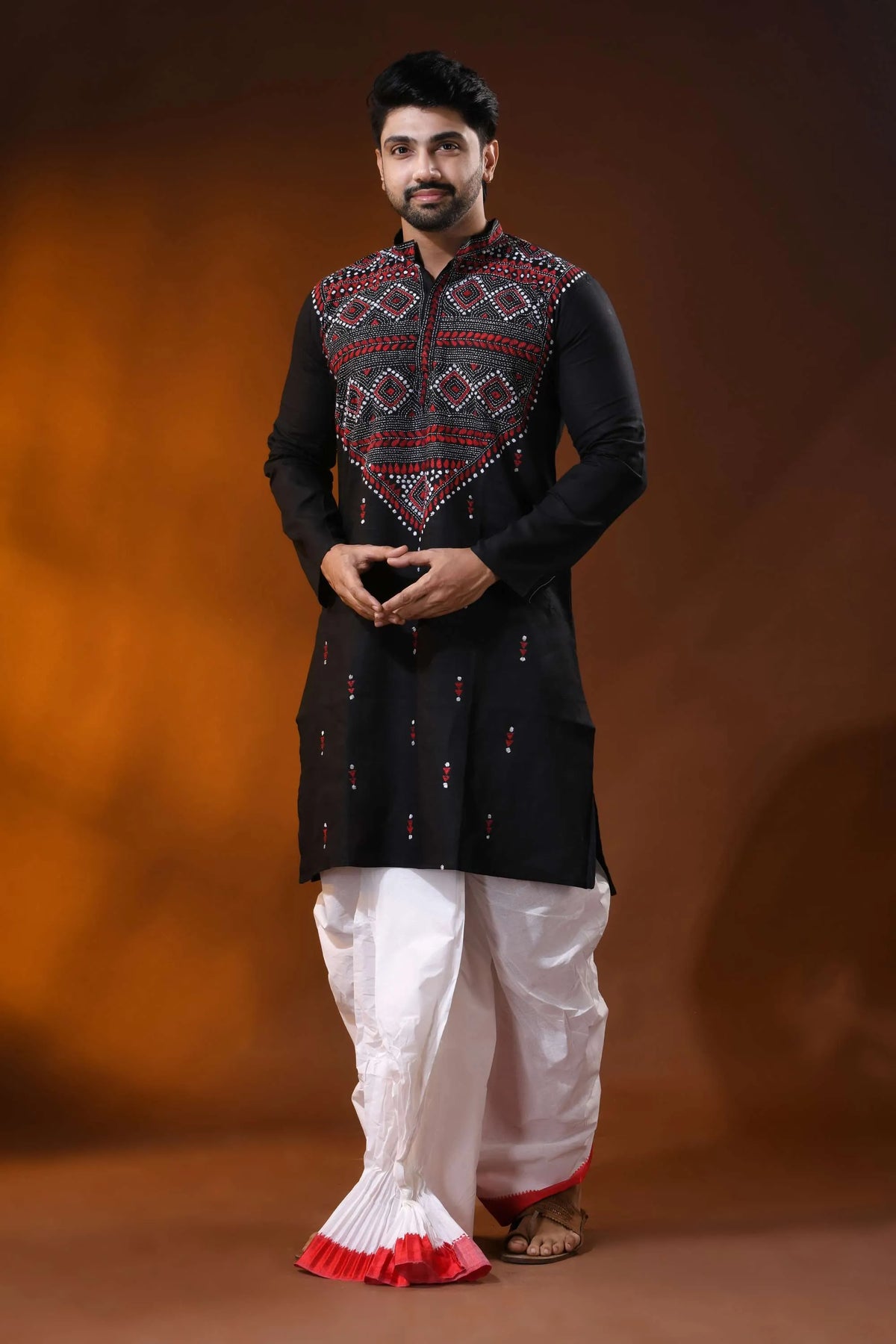 Hand embroidered black cotton kantha panjabi with red white geometric work 6