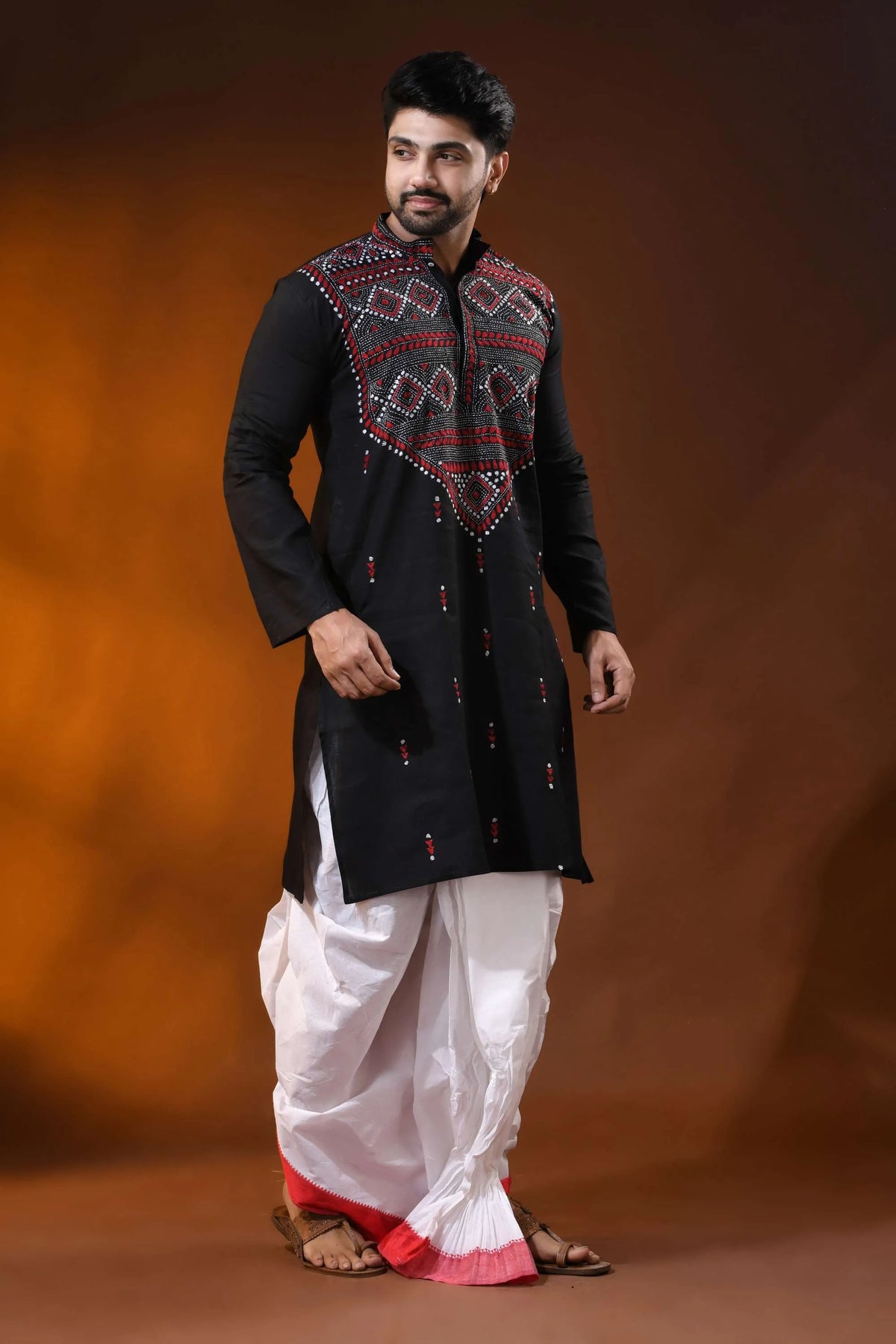 Hand embroidered black cotton kantha panjabi with red white geometric work 4