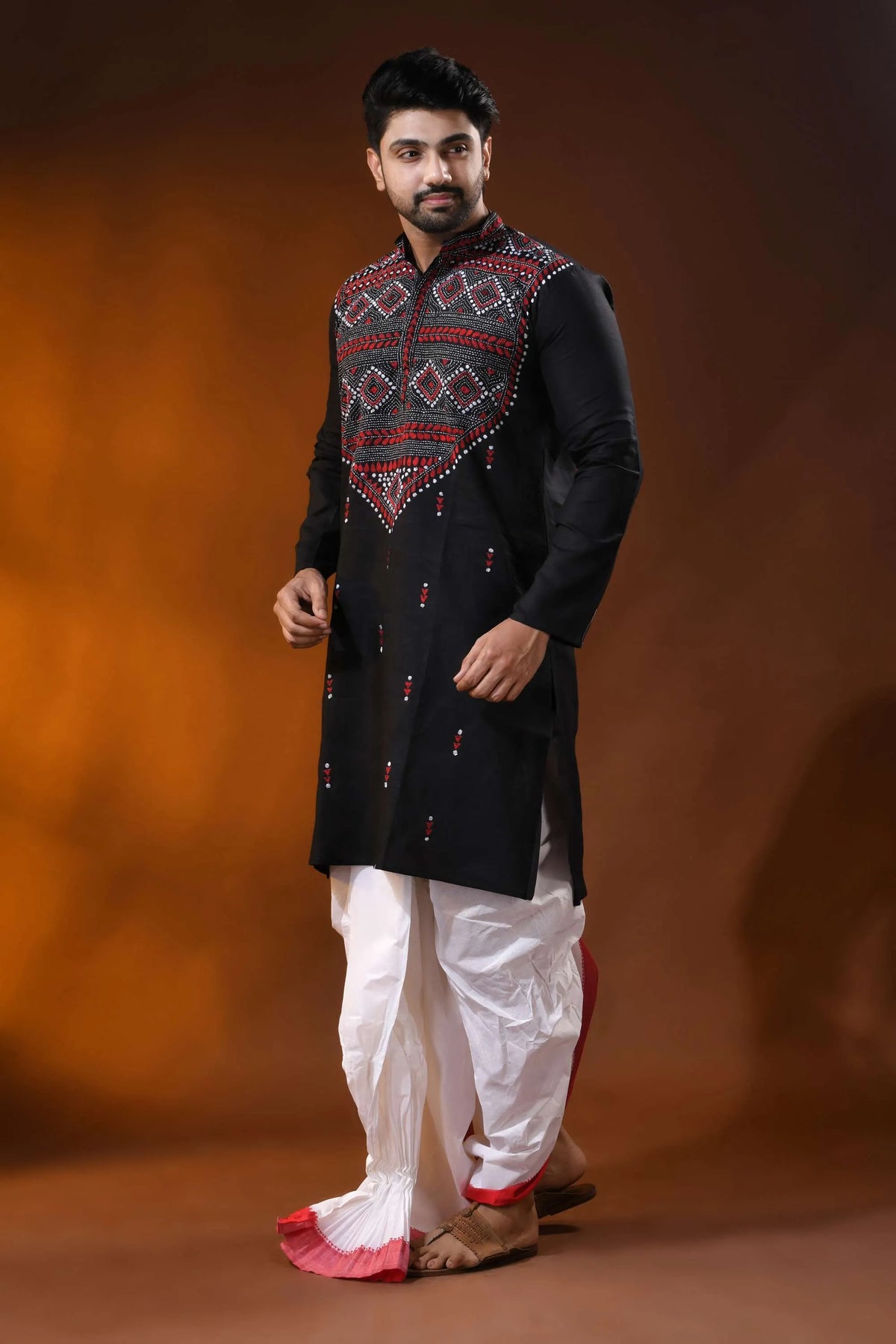 Hand embroidered black cotton kantha panjabi with red white geometric work 3