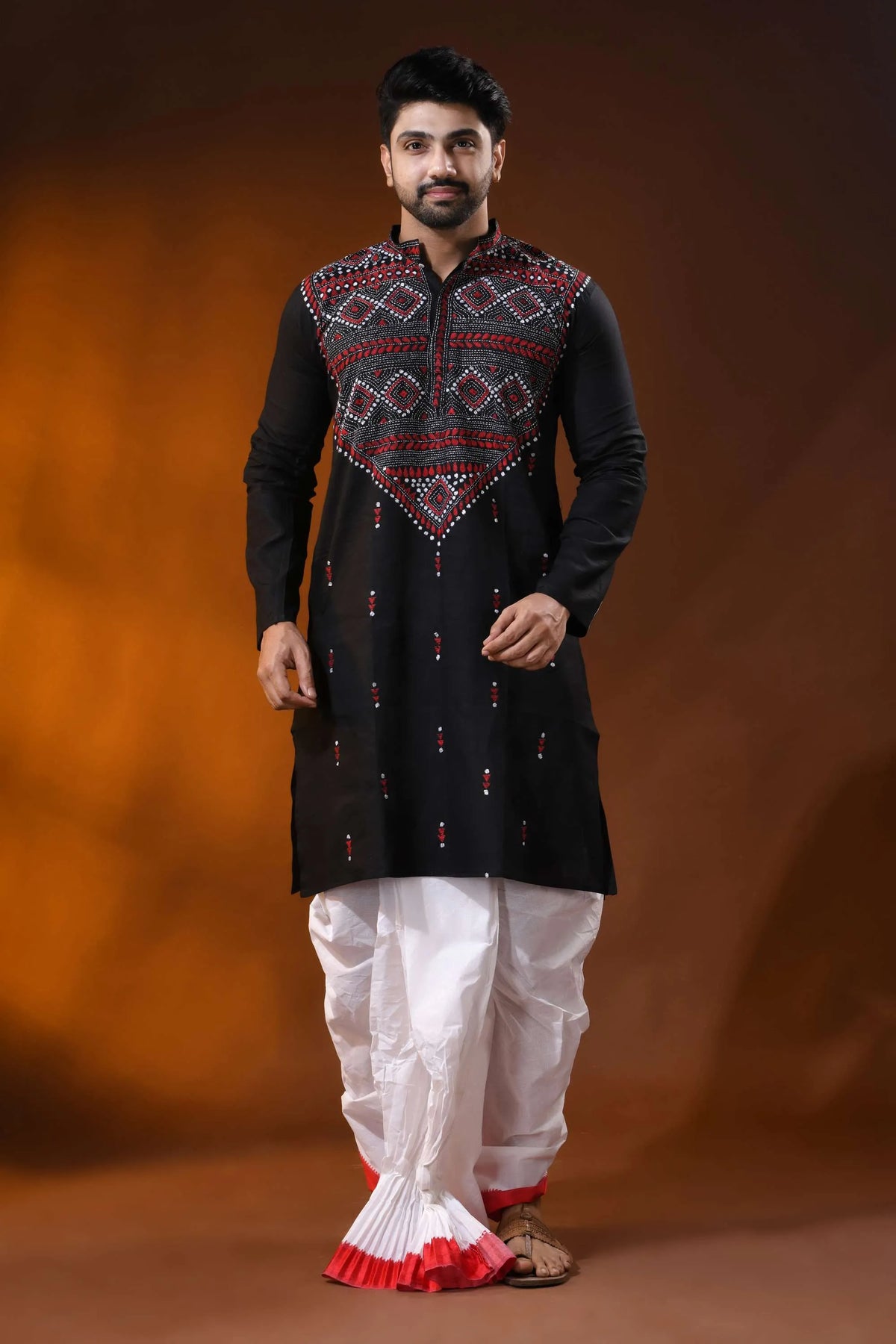 Hand embroidered black cotton kantha panjabi with red white geometric work 1