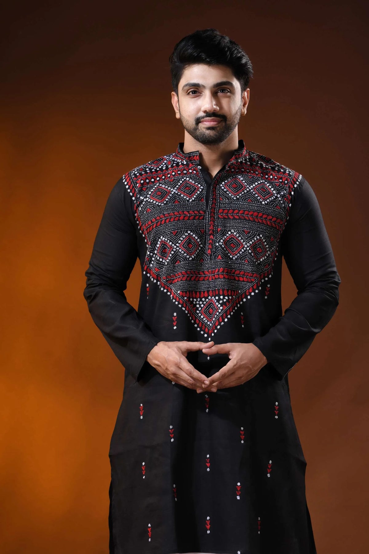 Hand embroidered black cotton kantha panjabi with red white geometric work 2
