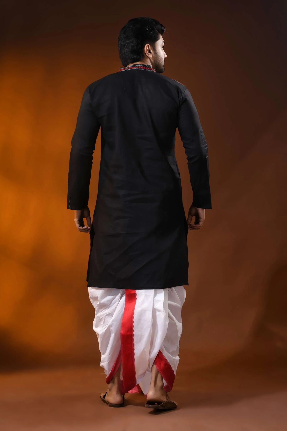 Hand embroidered black cotton kantha panjabi with red white geometric work 5