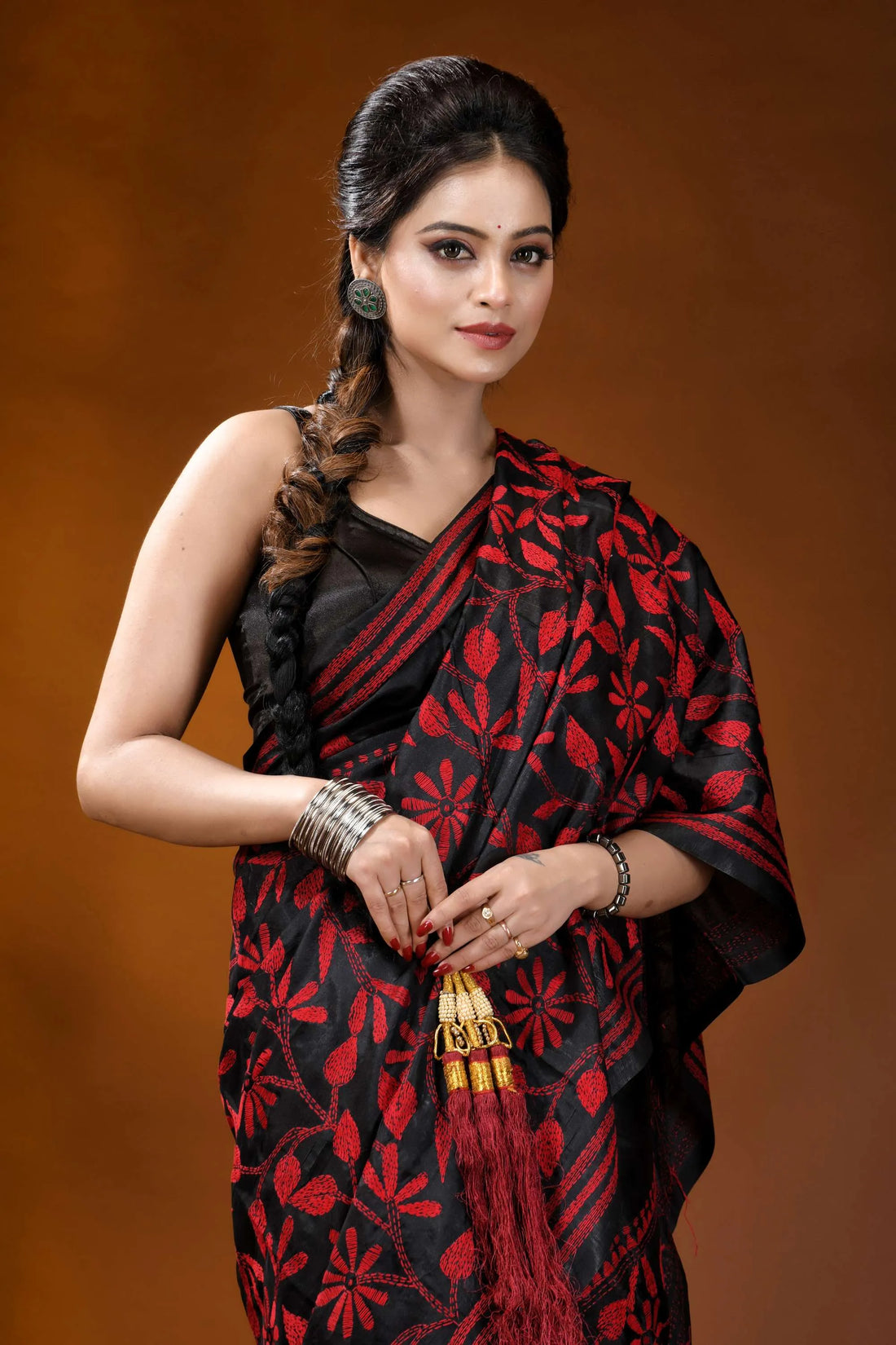 Hand embroidered ebony black silk kantha saree with red floral design black red floral-patterned saree intricate 2