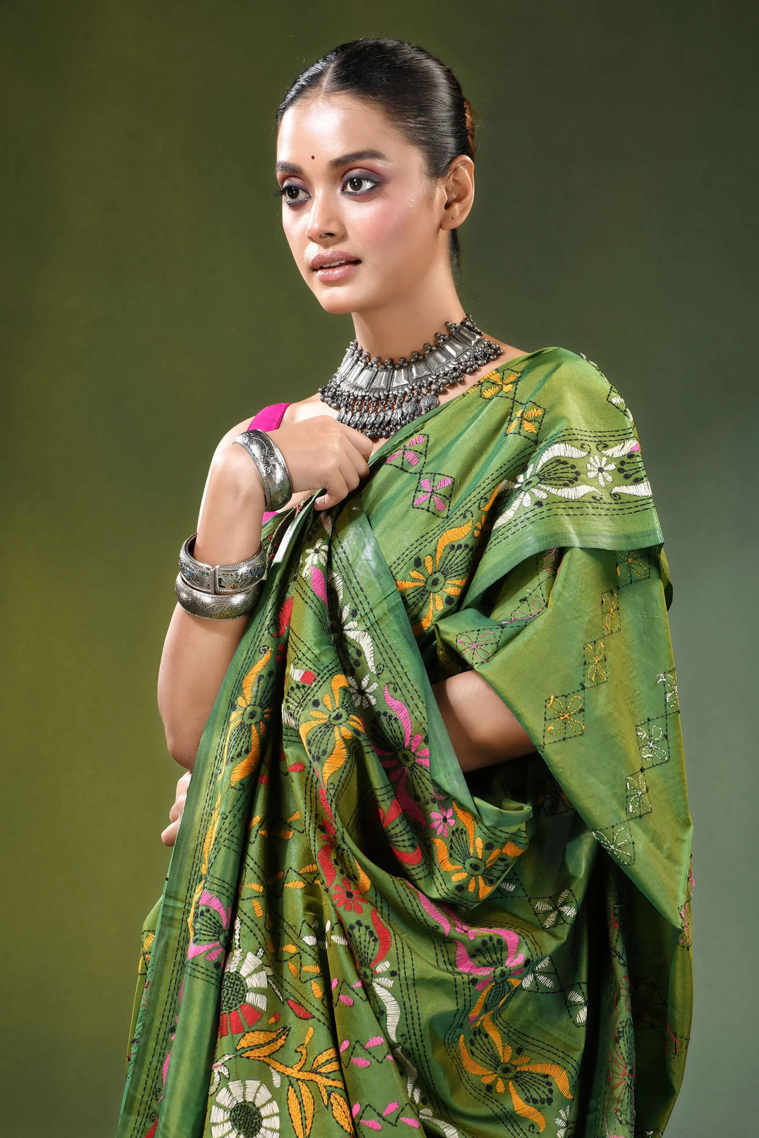 Hand embroidered ethnic theme kantha work silk saree in green vibrant intricate floral 2