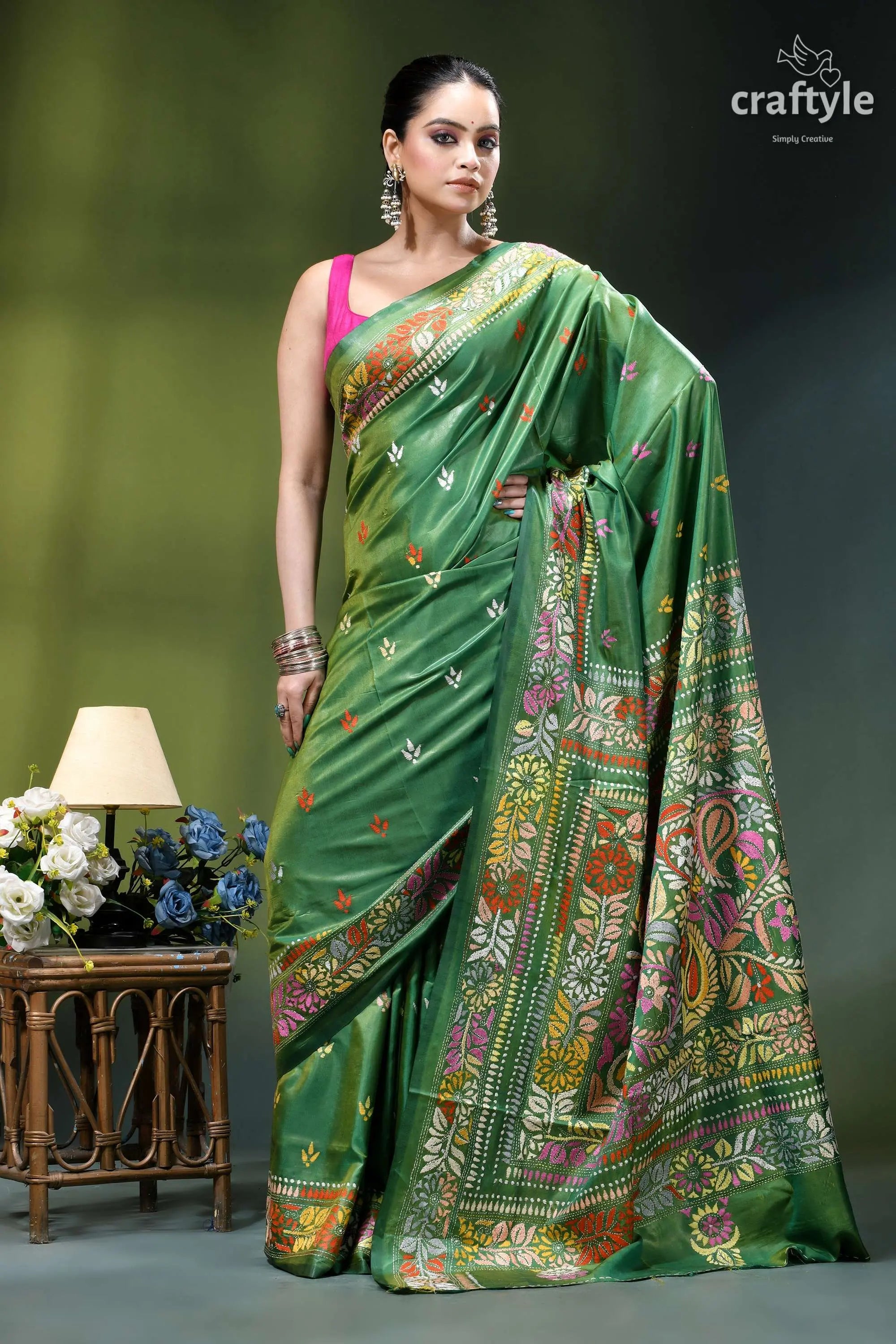 Hand embroidered floral design may green heritage silk kantha saree vibrant green silk saree adorned 4