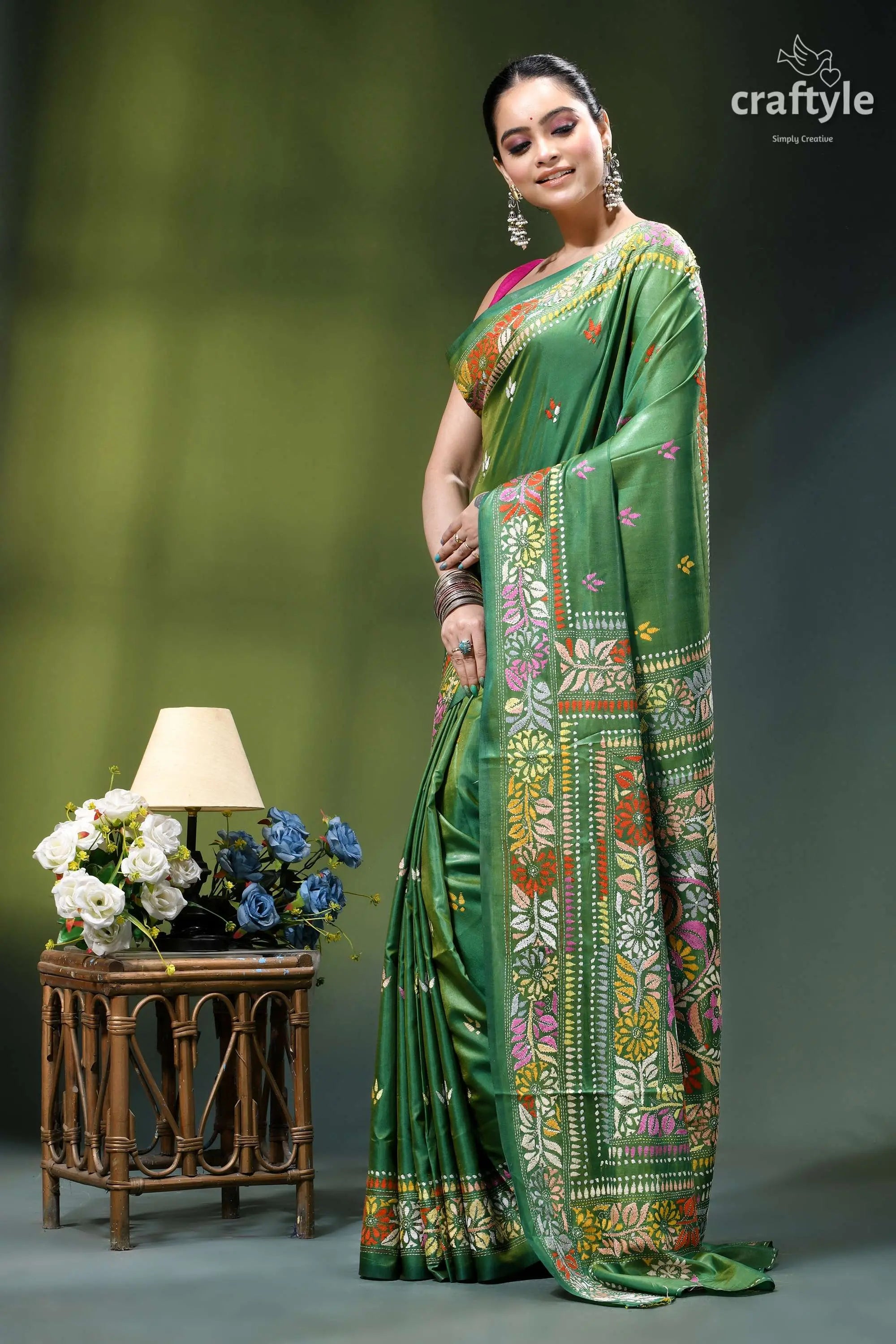 Hand embroidered floral design may green heritage silk kantha saree vibrant green silk saree adorned 3