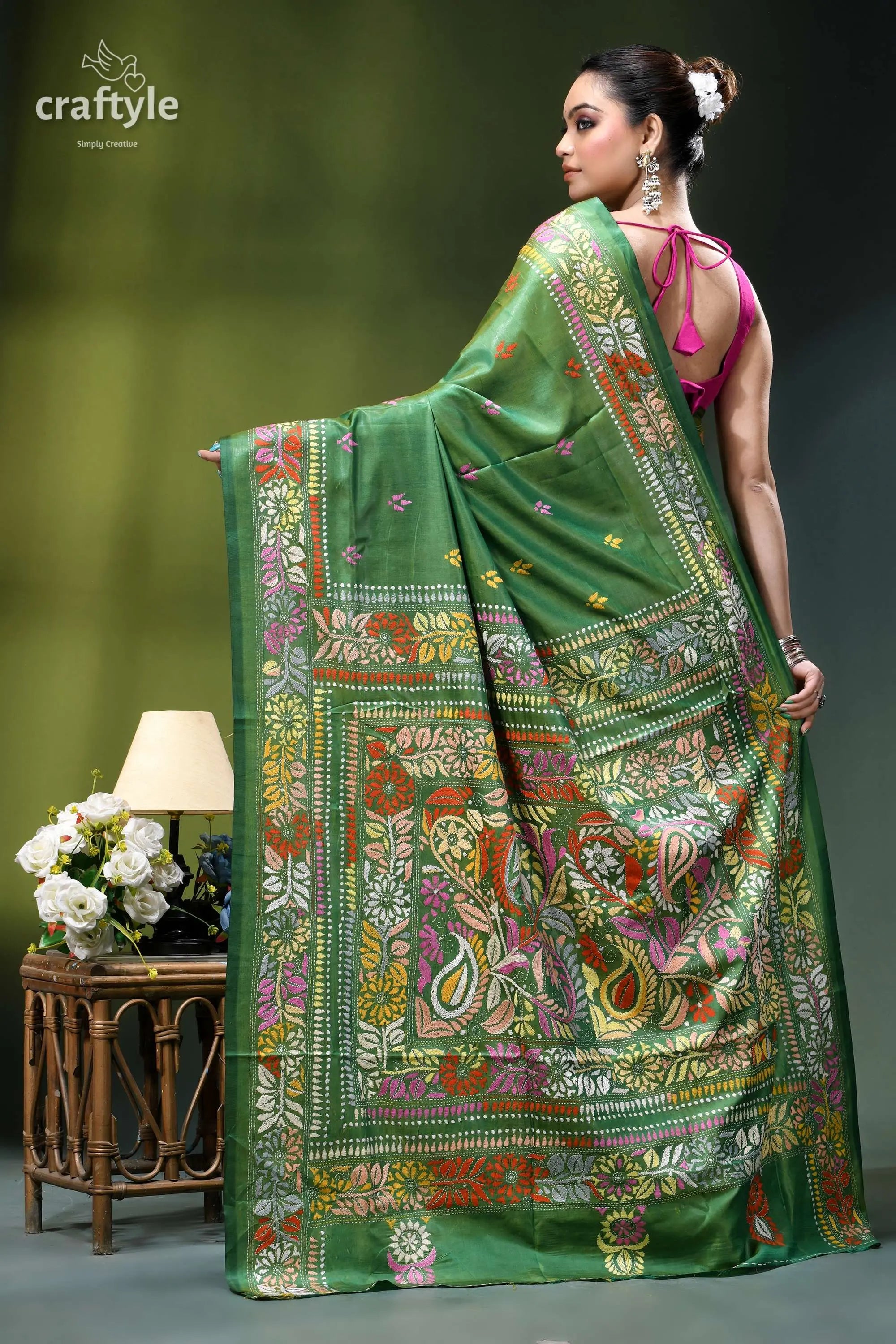 Hand embroidered floral design may green heritage silk kantha saree green silk saree intricate floral 5
