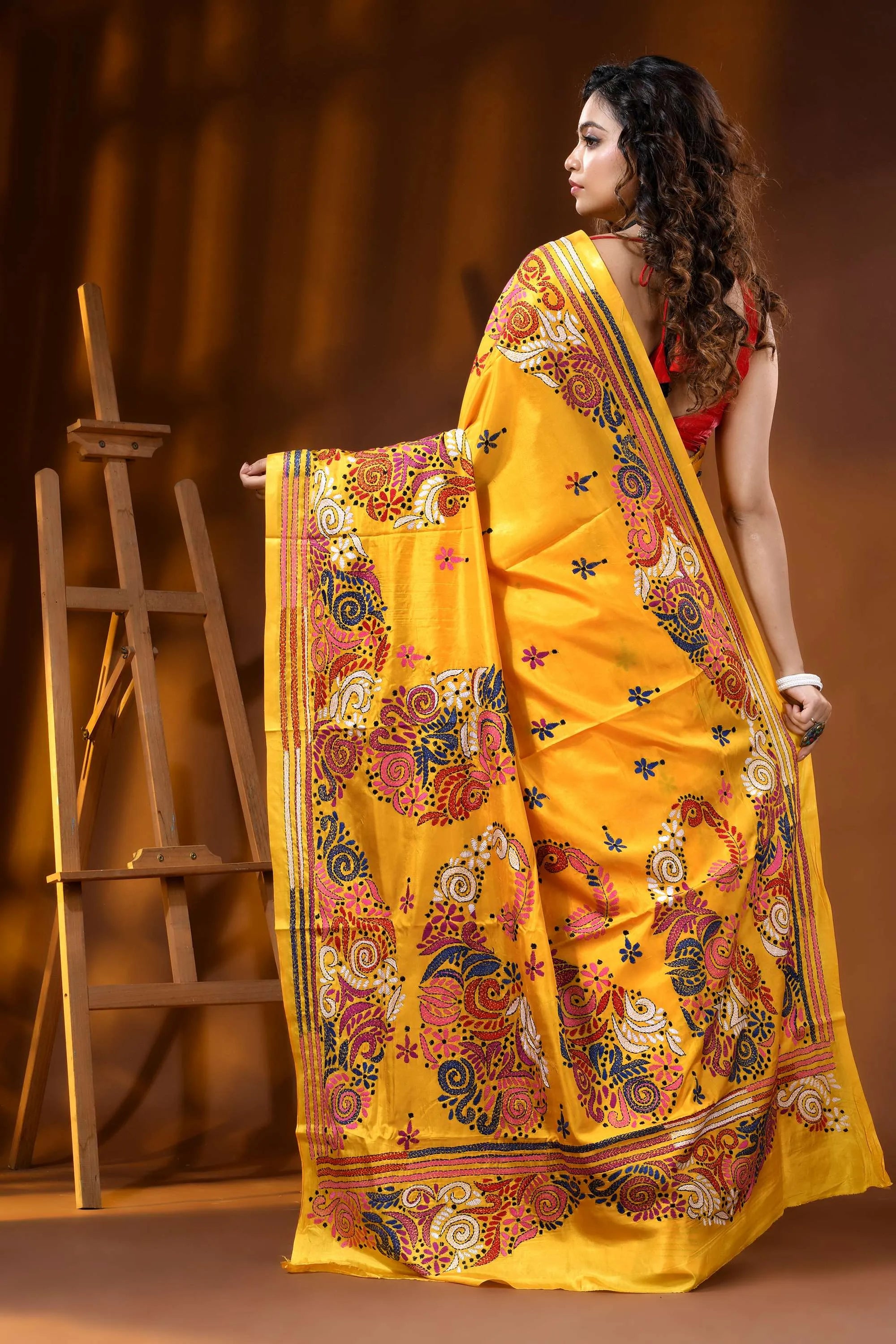 Hand embroidered floral design yellow silk kantha saree 5