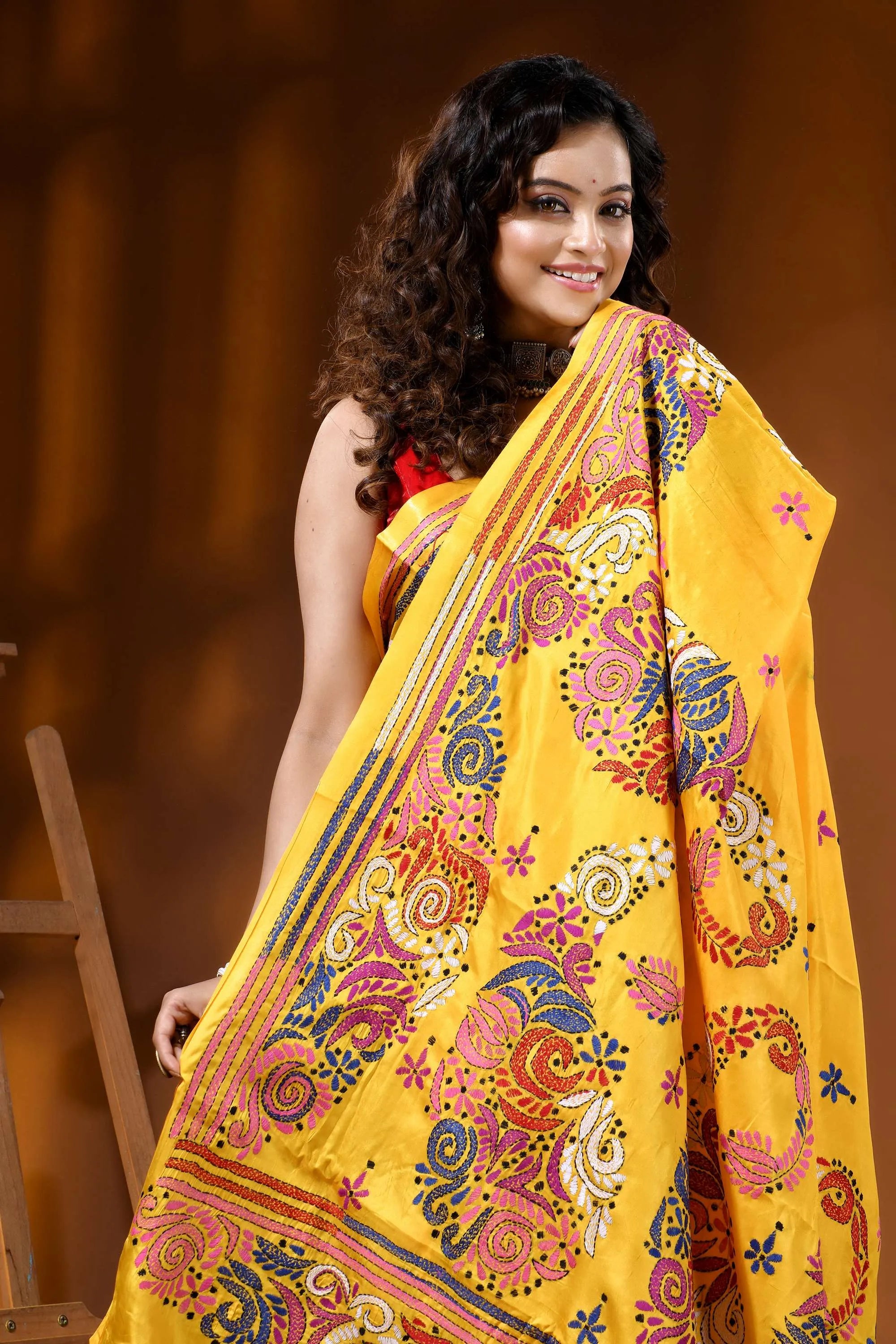 Hand embroidered floral design yellow silk kantha saree 2