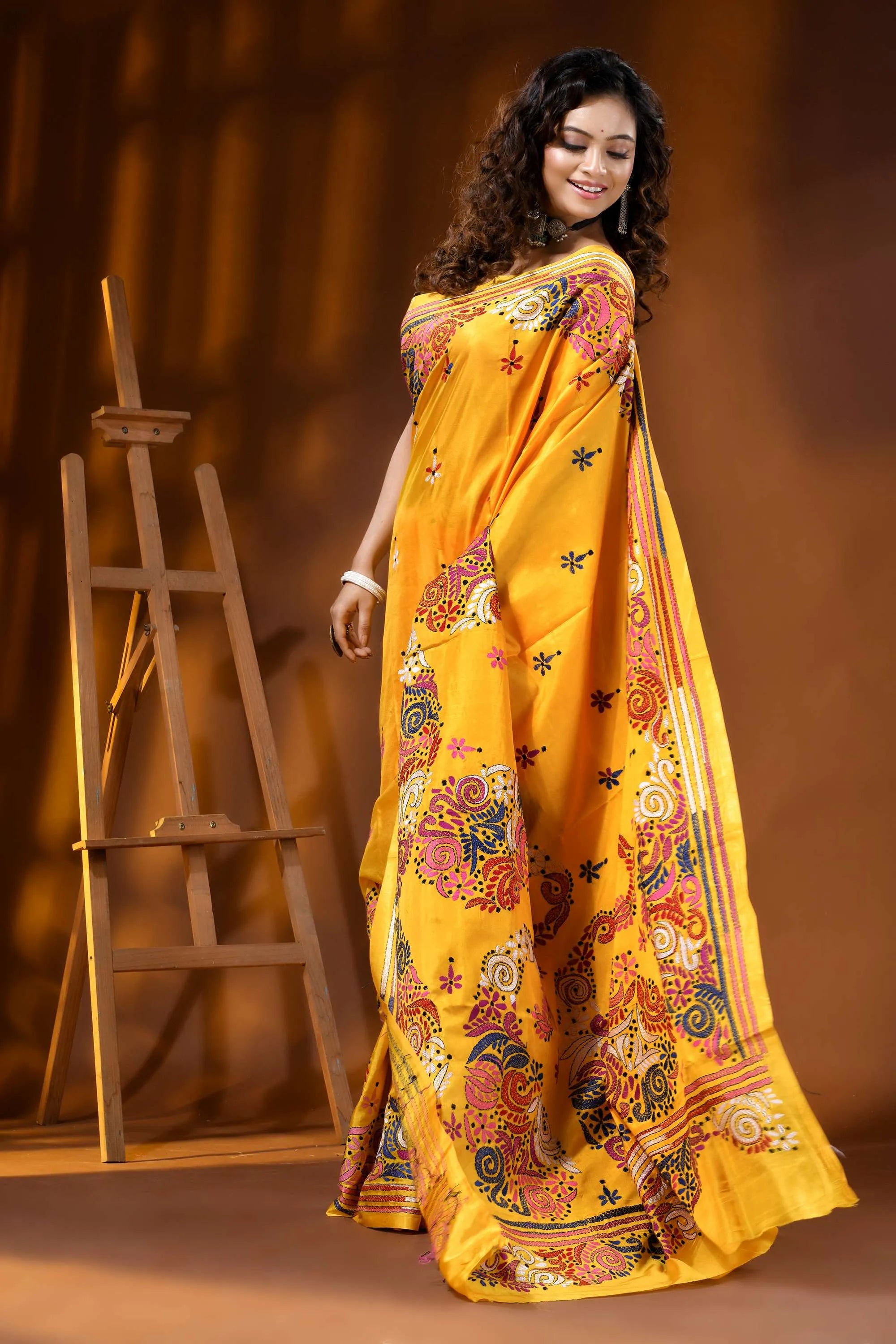Hand embroidered floral design yellow silk kantha saree 4