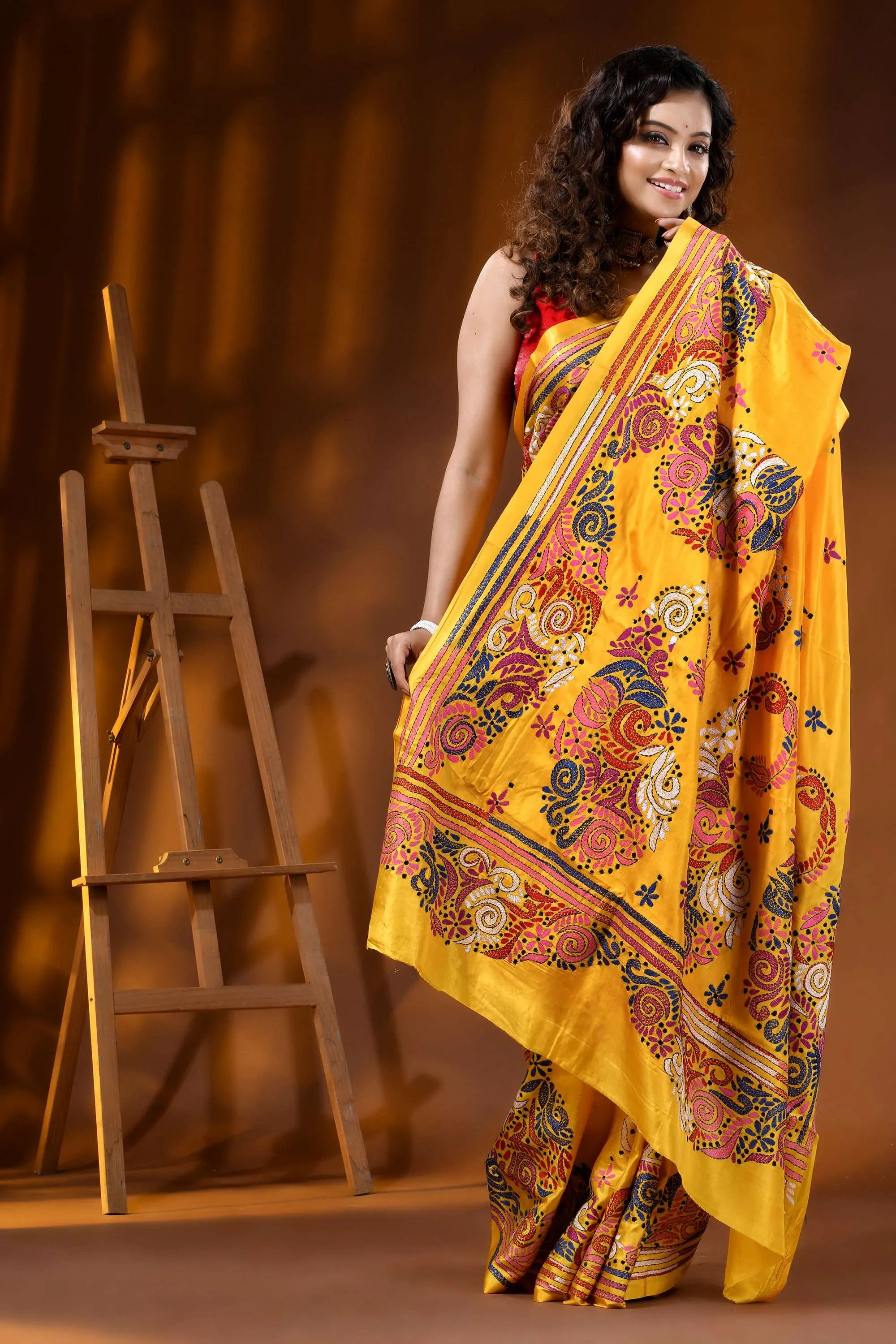 Hand embroidered floral design yellow silk kantha saree 6