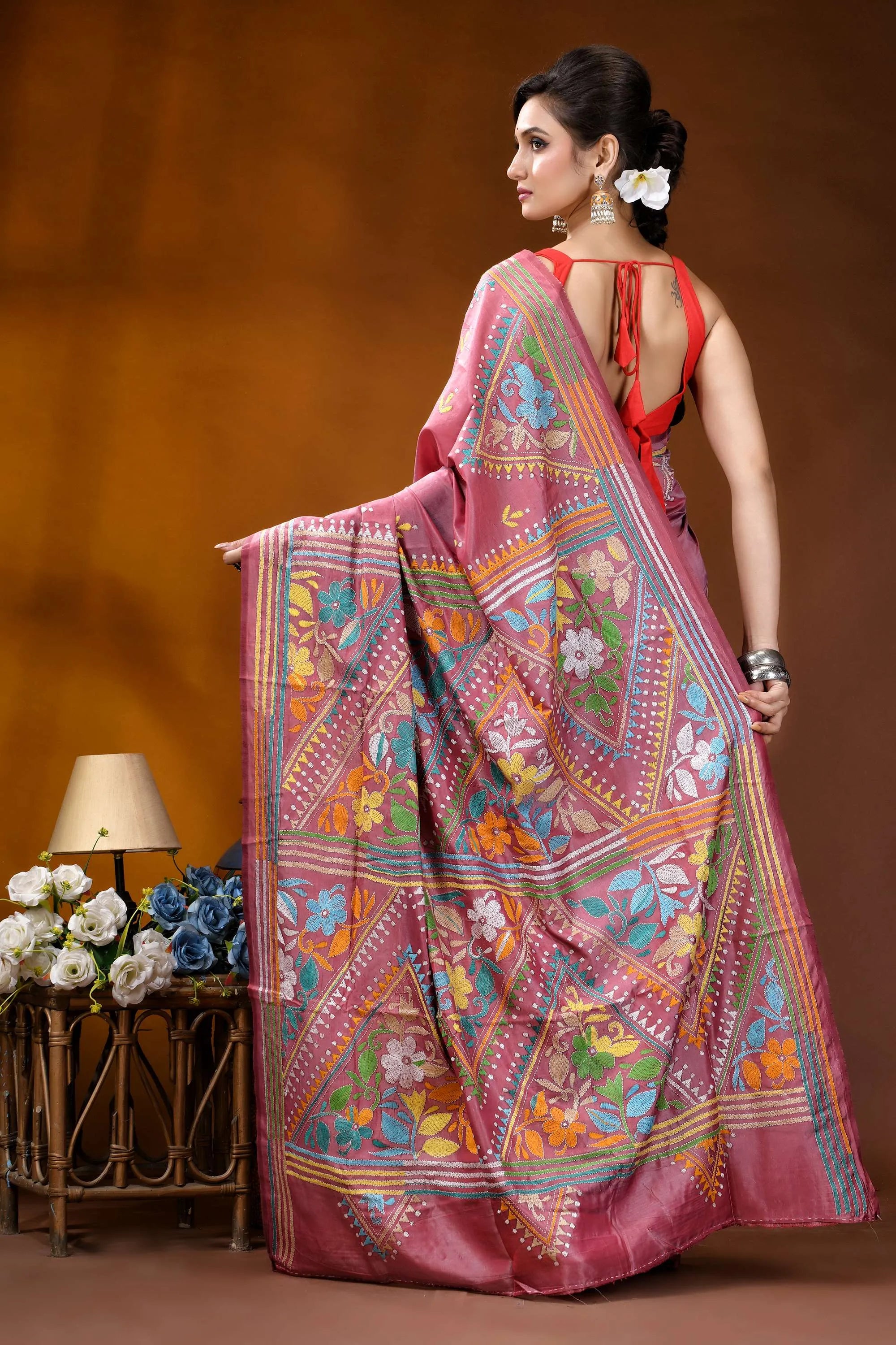 Hand embroidered floral motif silk kantha stitch saree in tulip pink vibrant pink silk saree adorned 4