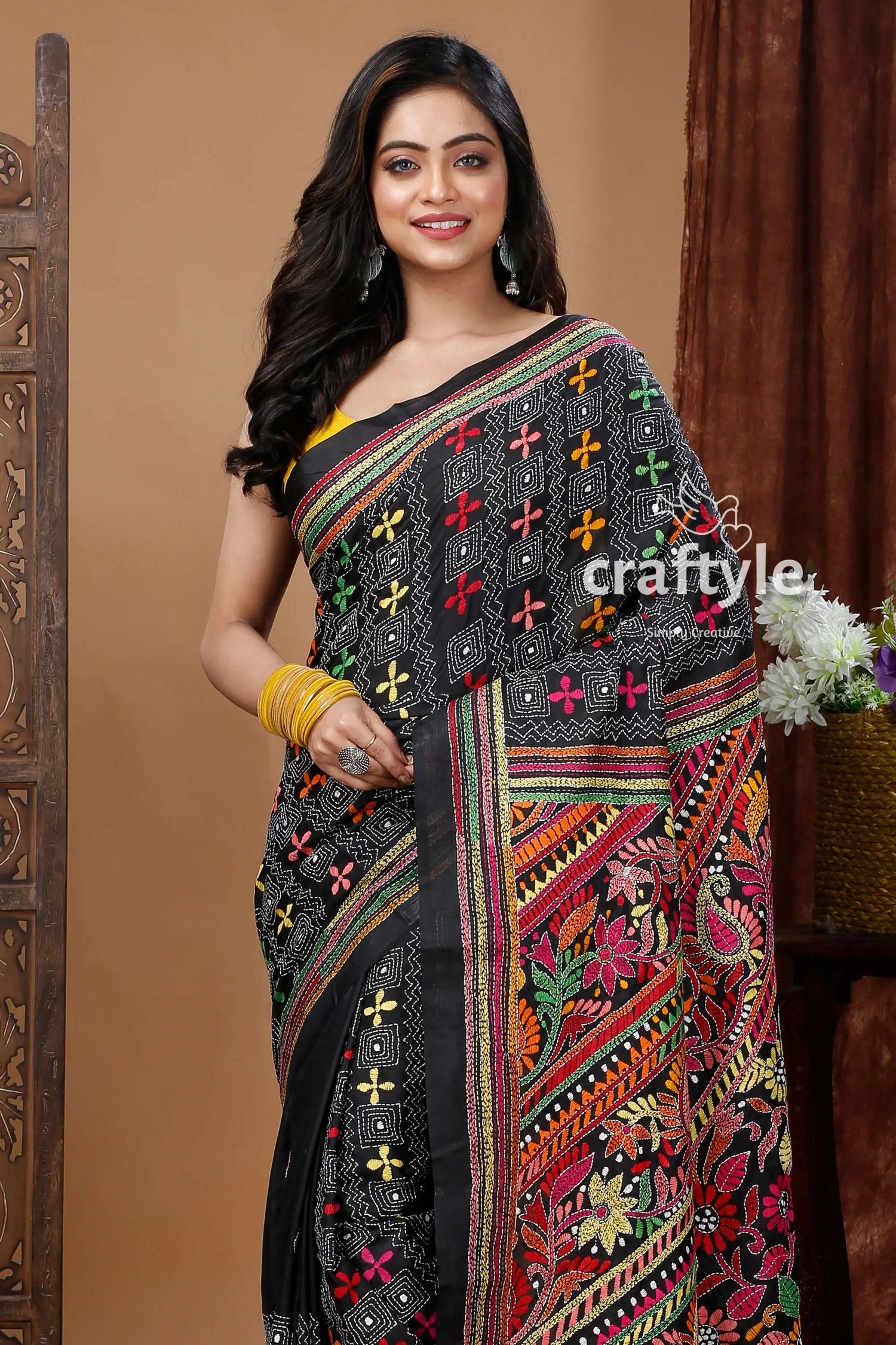 Hand embroidered grease black silk kantha stitch saree black embroidered saree 2