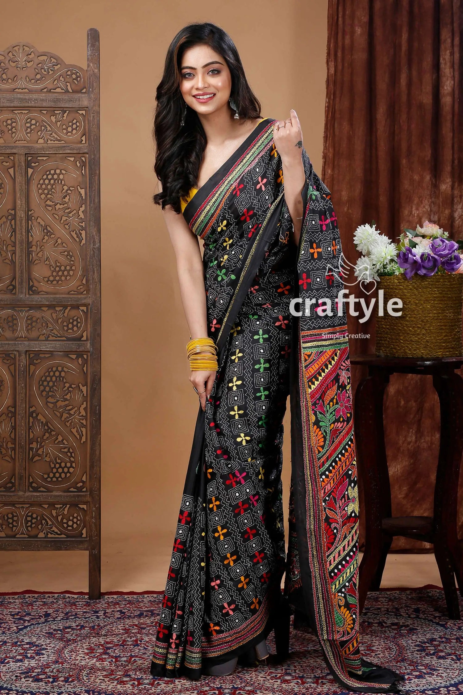 Hand embroidered grease black silk kantha stitch saree black saree colorful embroidery 4