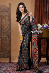 Hand embroidered grease black silk kantha stitch saree black saree colorful embroidery 4