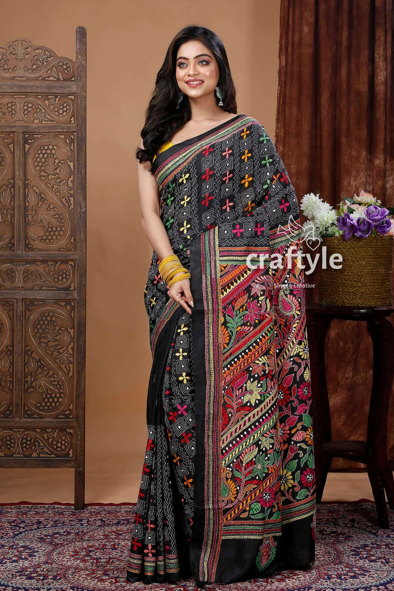 Hand embroidered grease black silk kantha stitch saree woman black embroidered saree 1