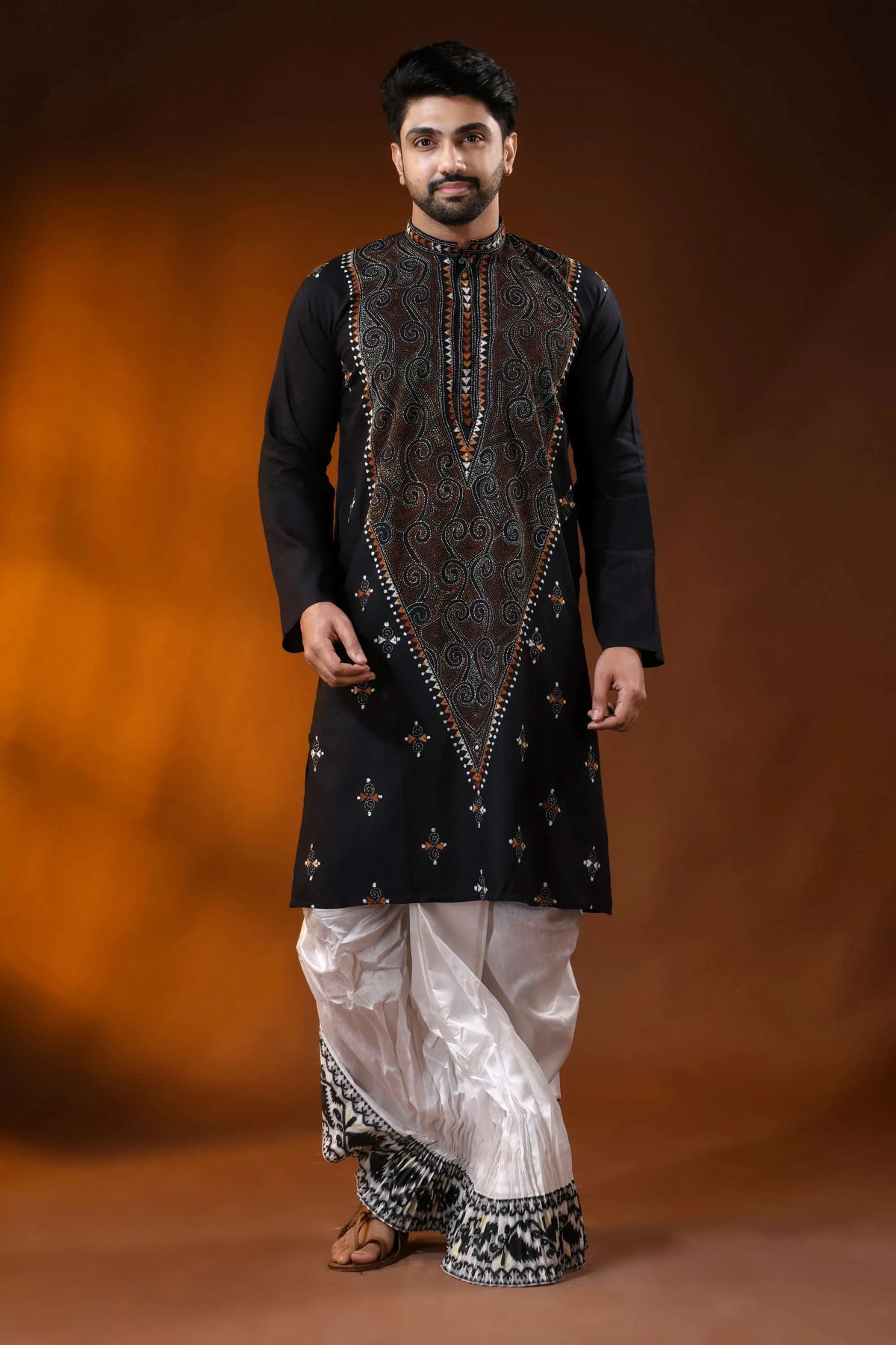 Hand embroidered ink black cotton kantha punjabi with brown swirl work 7