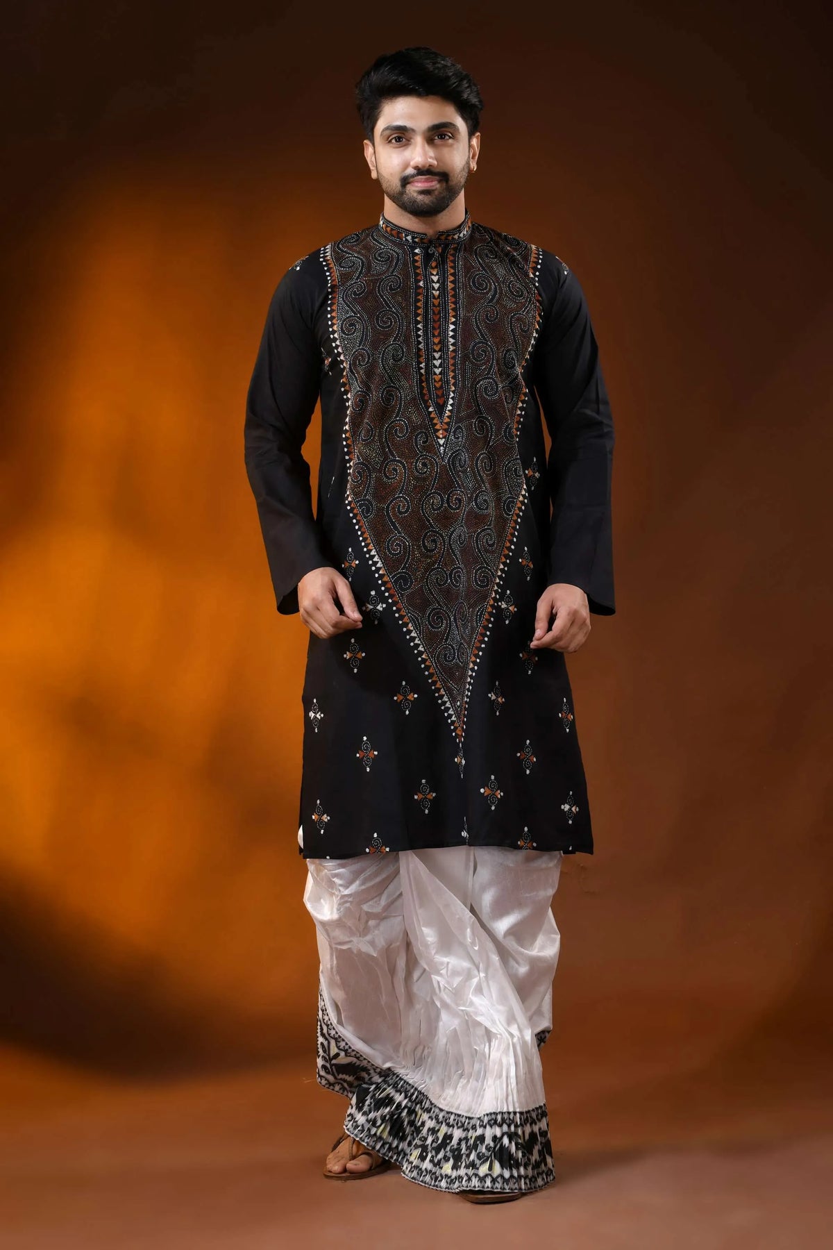 Hand embroidered ink black cotton kantha punjabi with brown swirl work 1