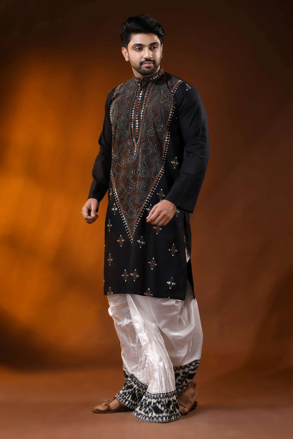 Hand embroidered ink black cotton kantha punjabi with brown swirl work 5