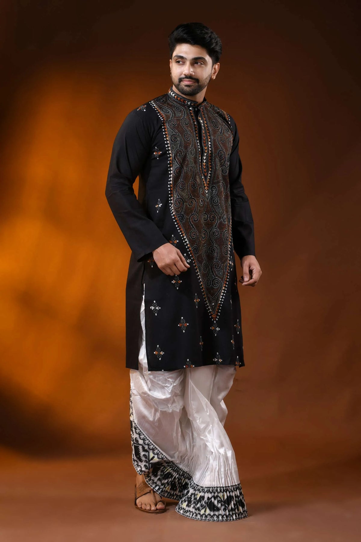 Hand embroidered ink black cotton kantha punjabi with brown swirl work 4