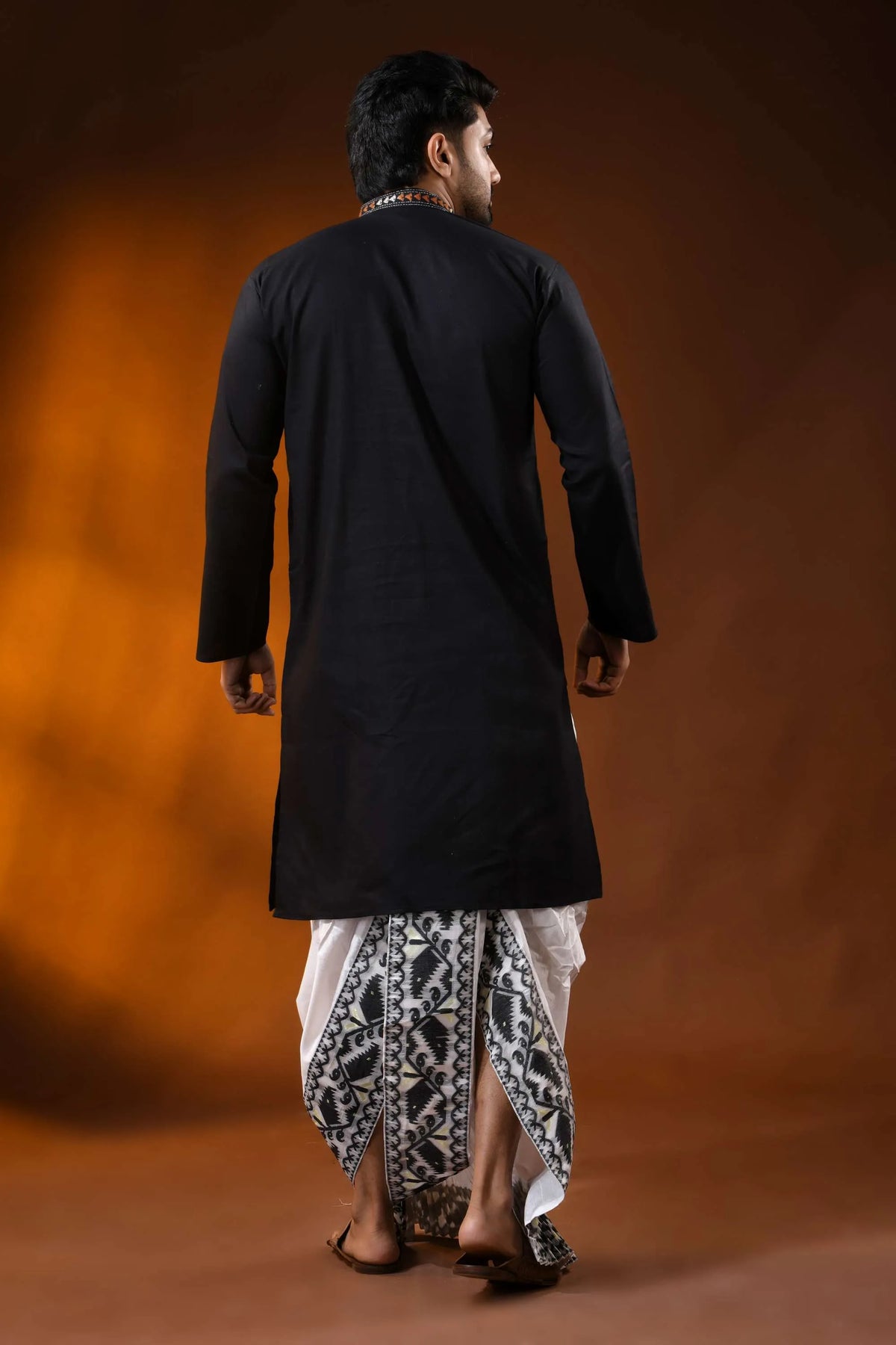 Hand embroidered ink black cotton kantha punjabi with brown swirl work 6