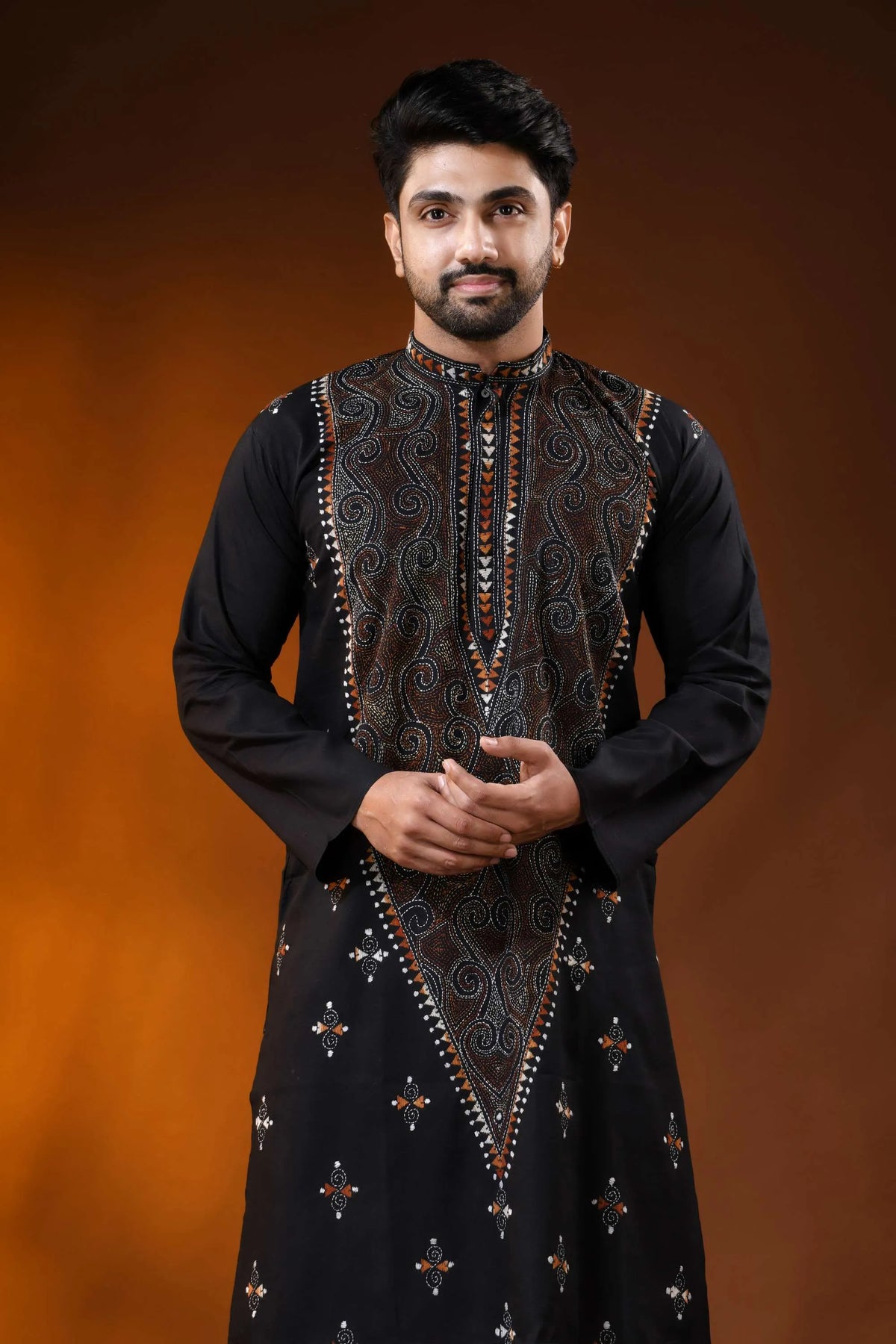 Hand embroidered ink black cotton kantha punjabi with brown swirl work 2