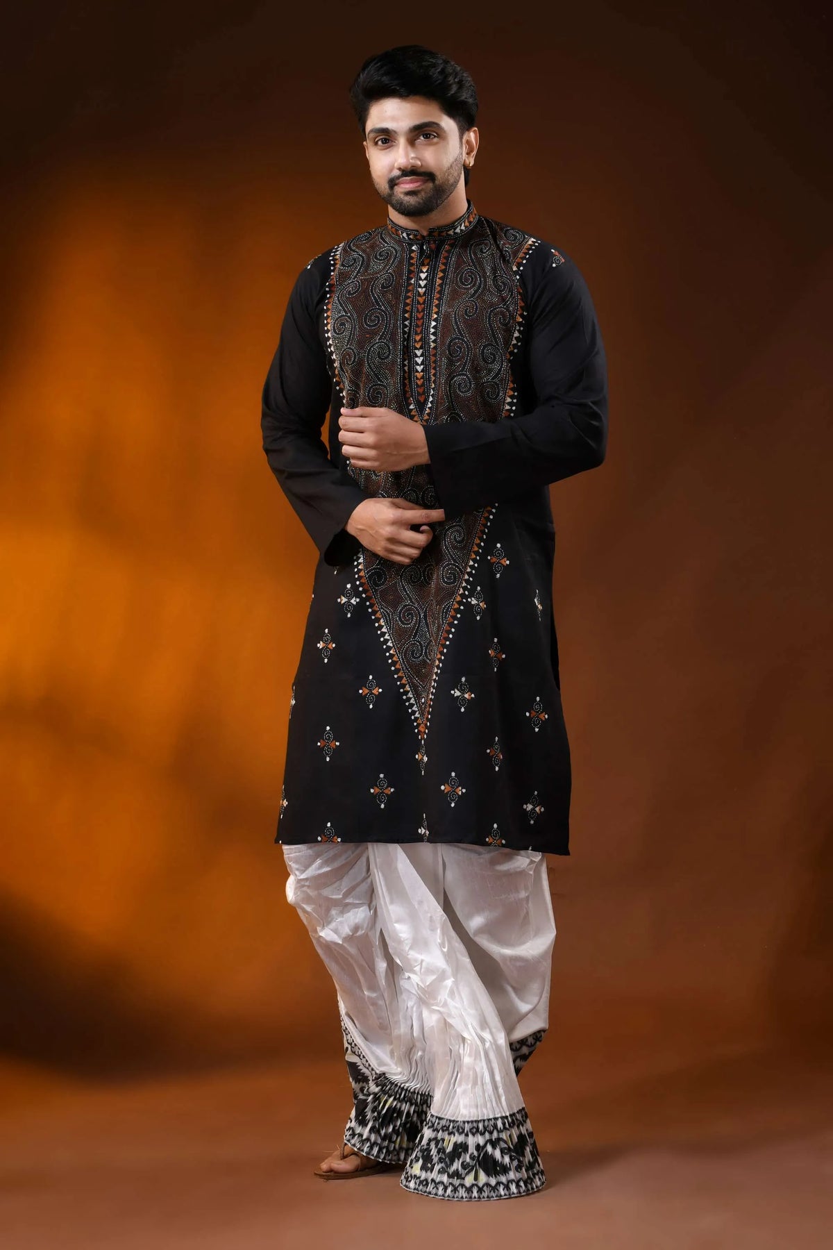 Hand embroidered ink black cotton kantha punjabi with brown swirl work 3