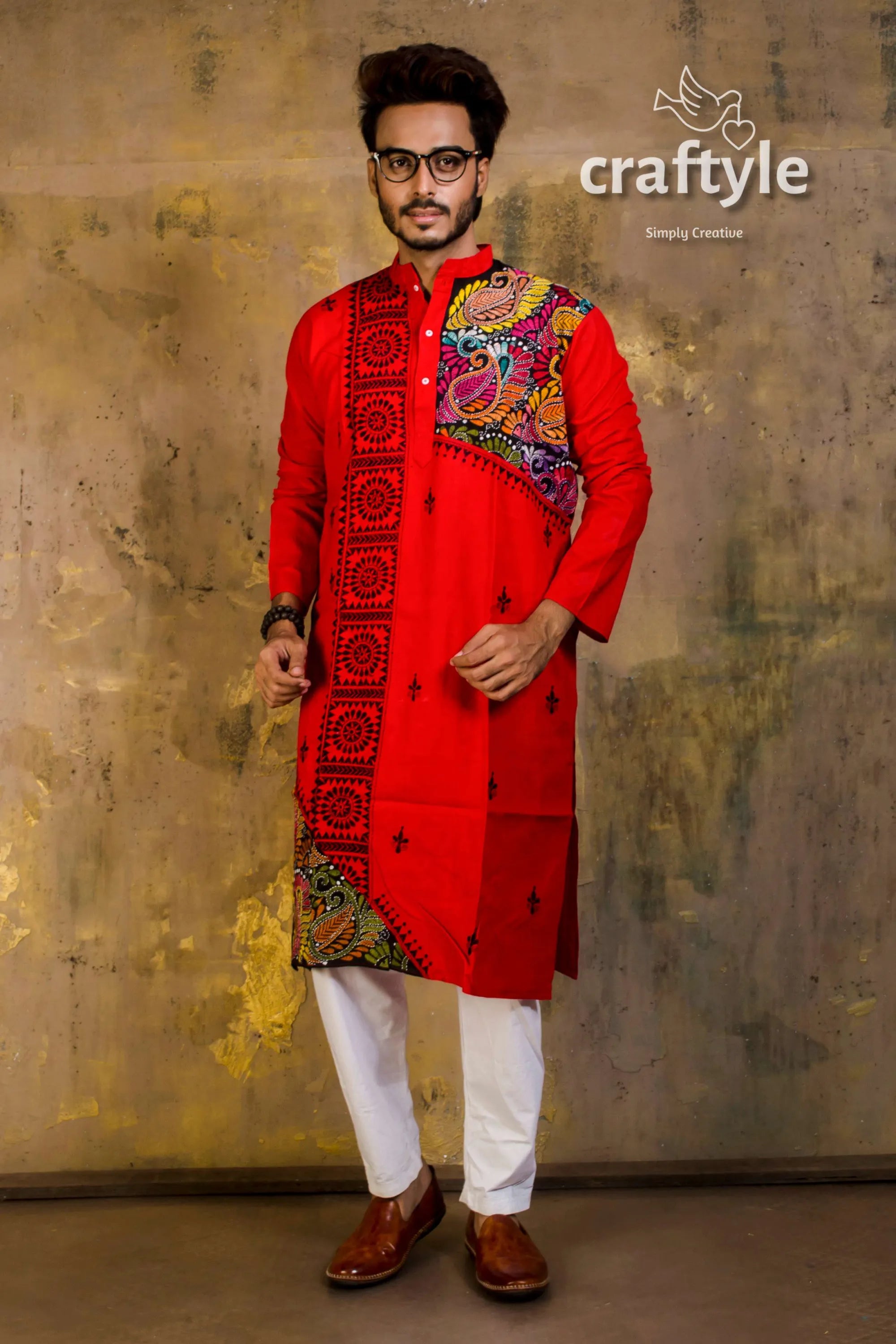 Hand embroidered kantha stitch cotton panjabi | mens kurta vibrant red intricate 4