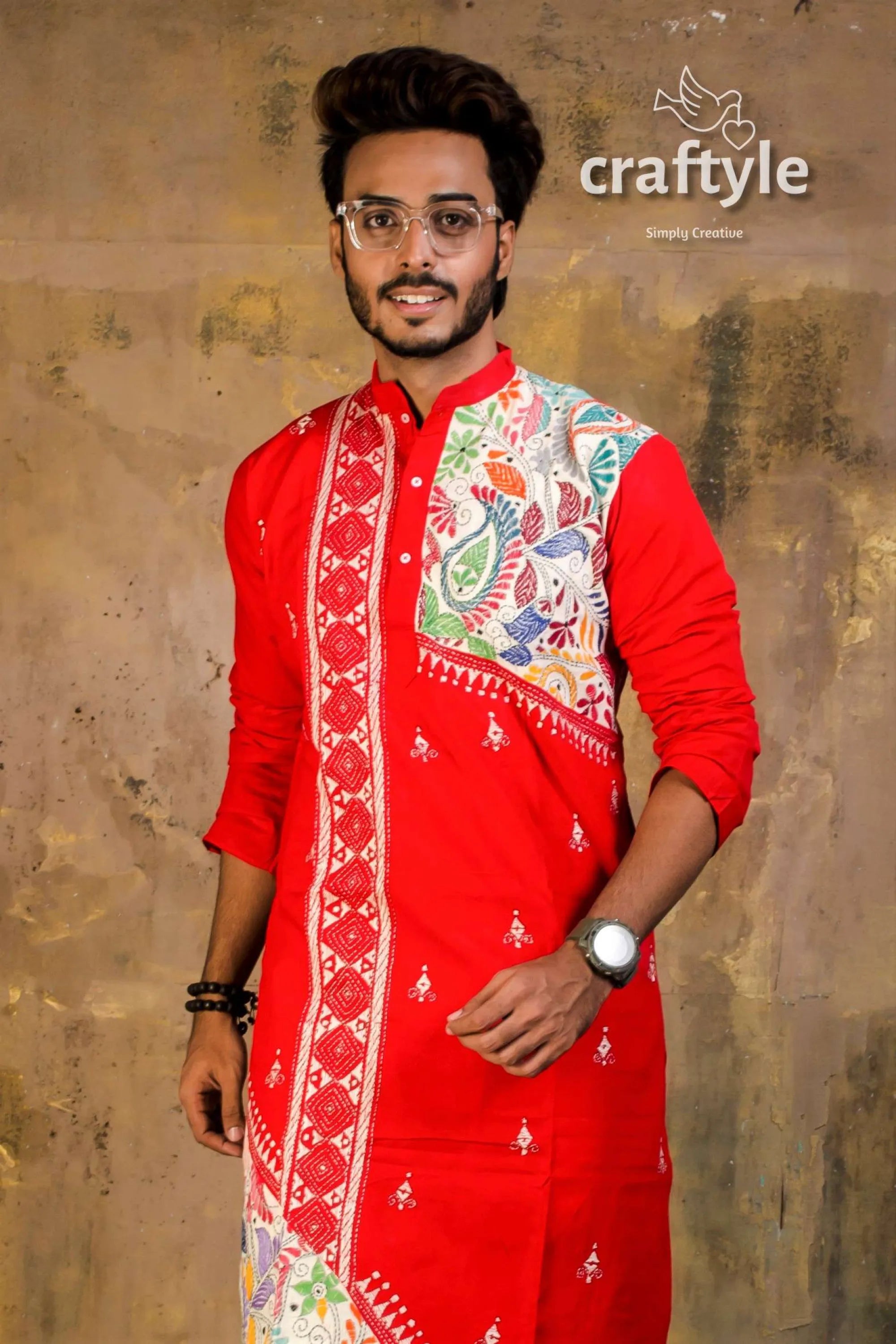 Hand embroidered kantha stitch cotton panjabi | mens kurta vibrant red intricate multicolored 4