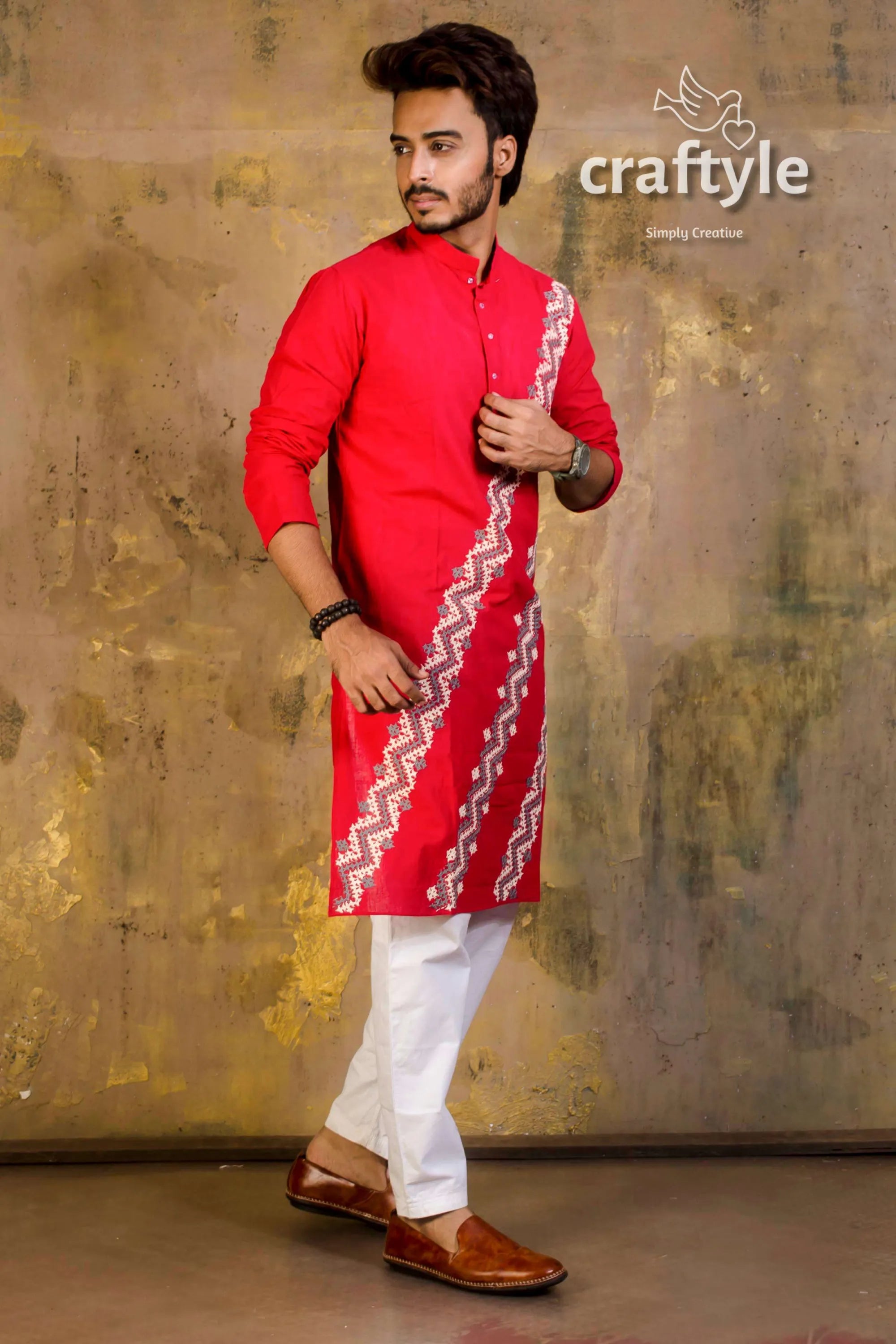 Hand embroidered kantha stitch cotton panjabi | mens kurta red white geometric 1