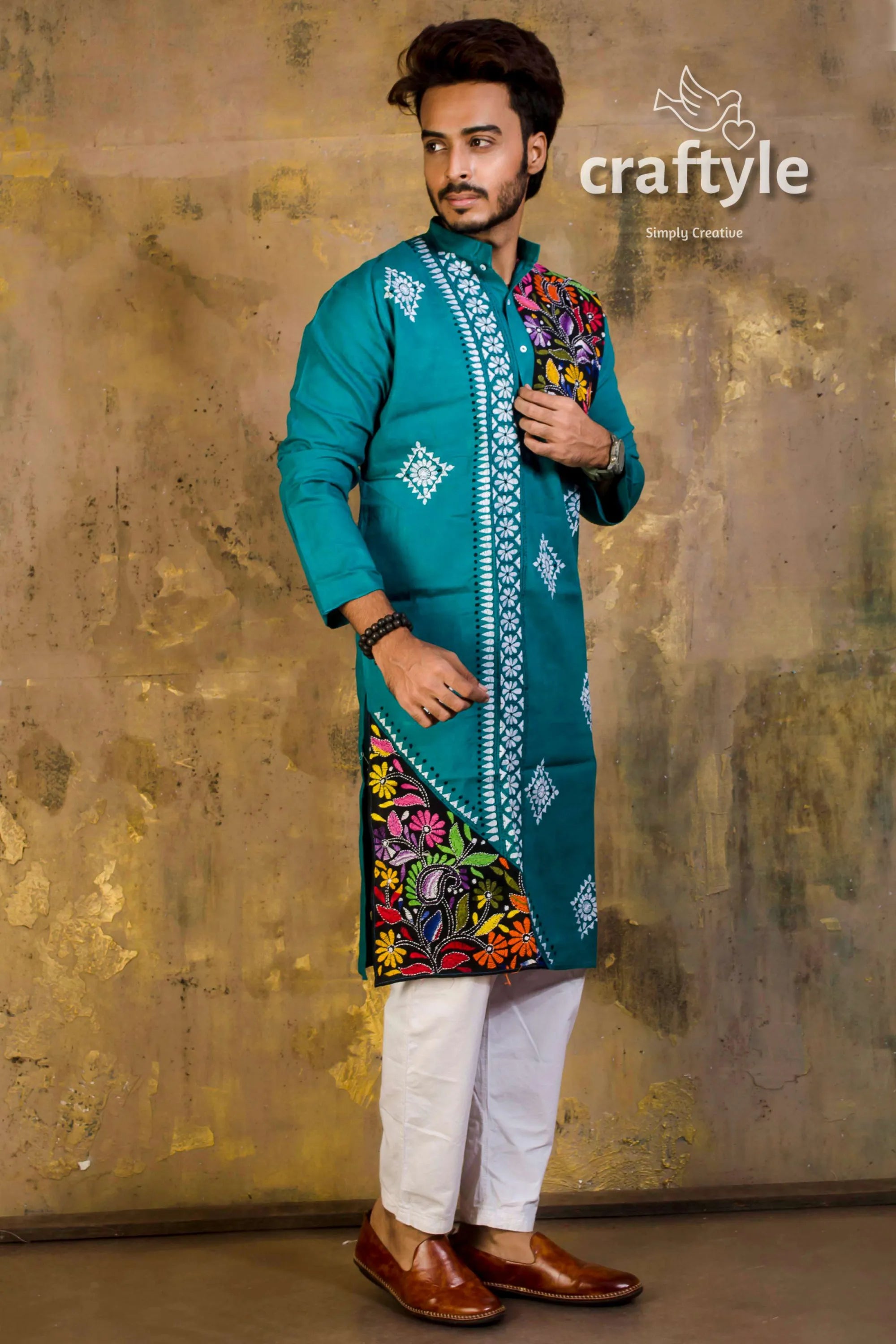 Hand embroidered kantha stitch cotton panjabi | mens kurta teal colorful floral 2