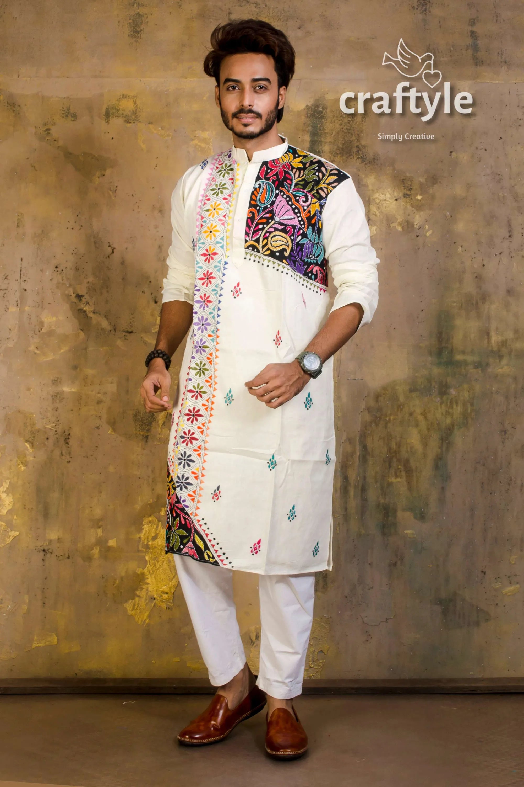 Hand embroidered kantha stitch cotton panjabi | mens kurta white colorful floral 4