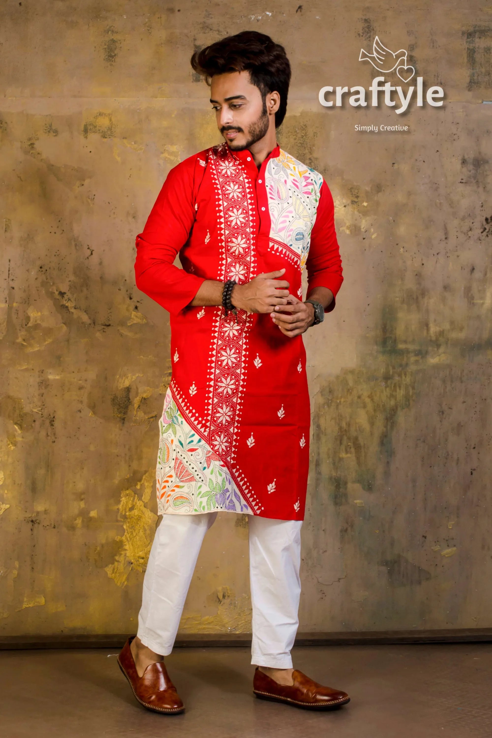 Hand embroidered kantha stitch cotton panjabi | mens kurta red white multicolored 4