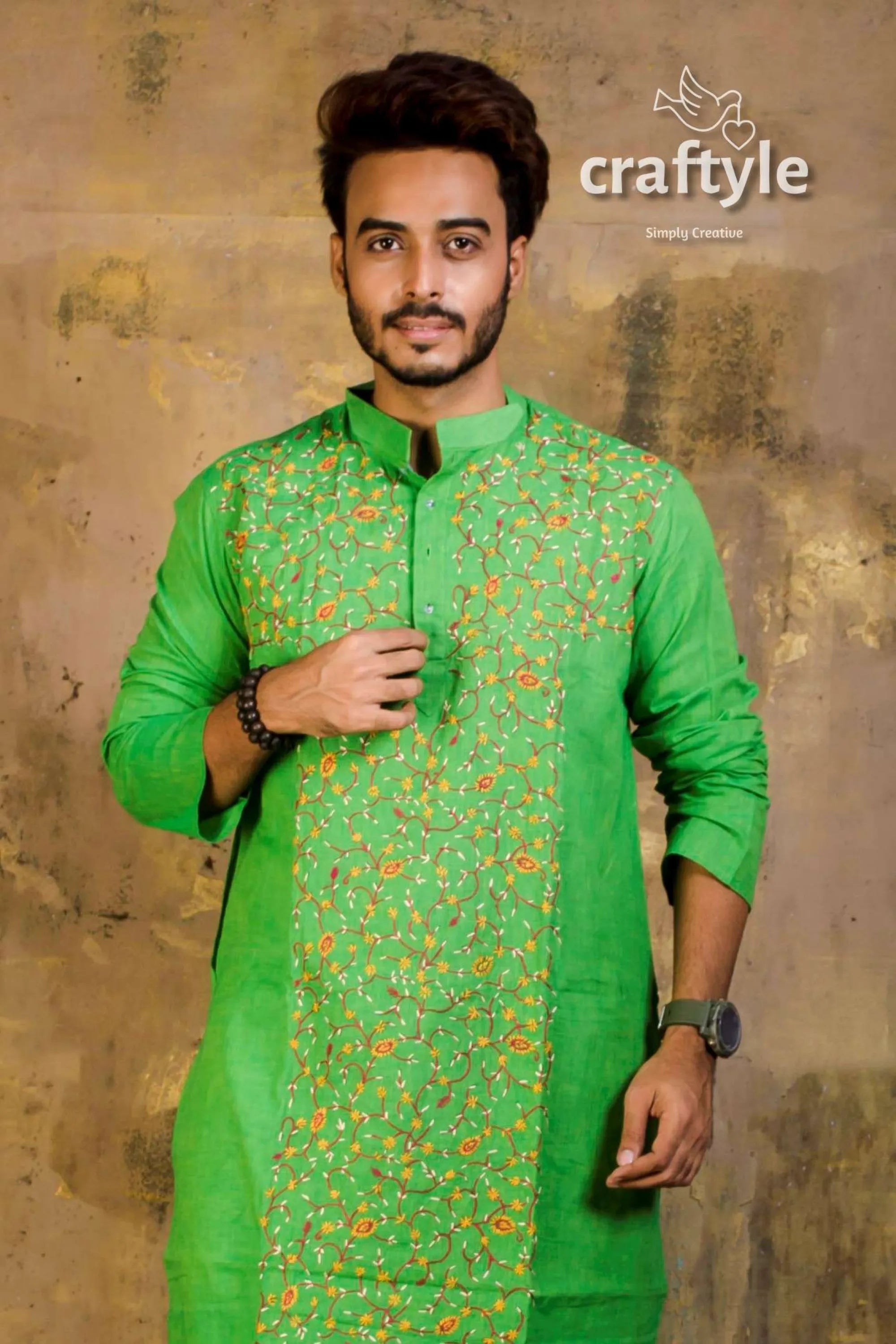 Hand embroidered kantha stitch cotton panjabi | mens kurta vibrant green intricate 5