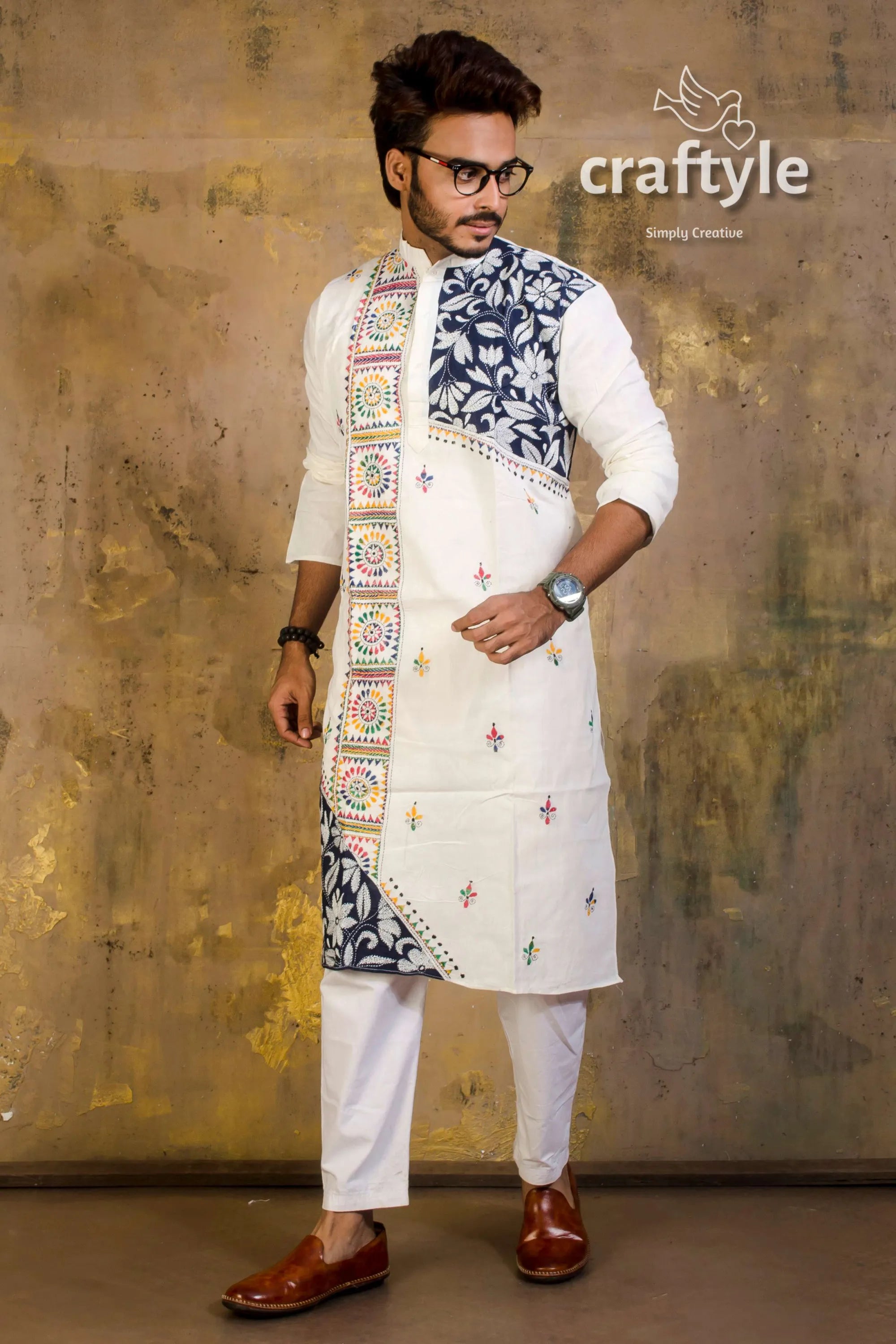 Hand embroidered kantha stitch cotton panjabi | mens kurta white navy blue 4