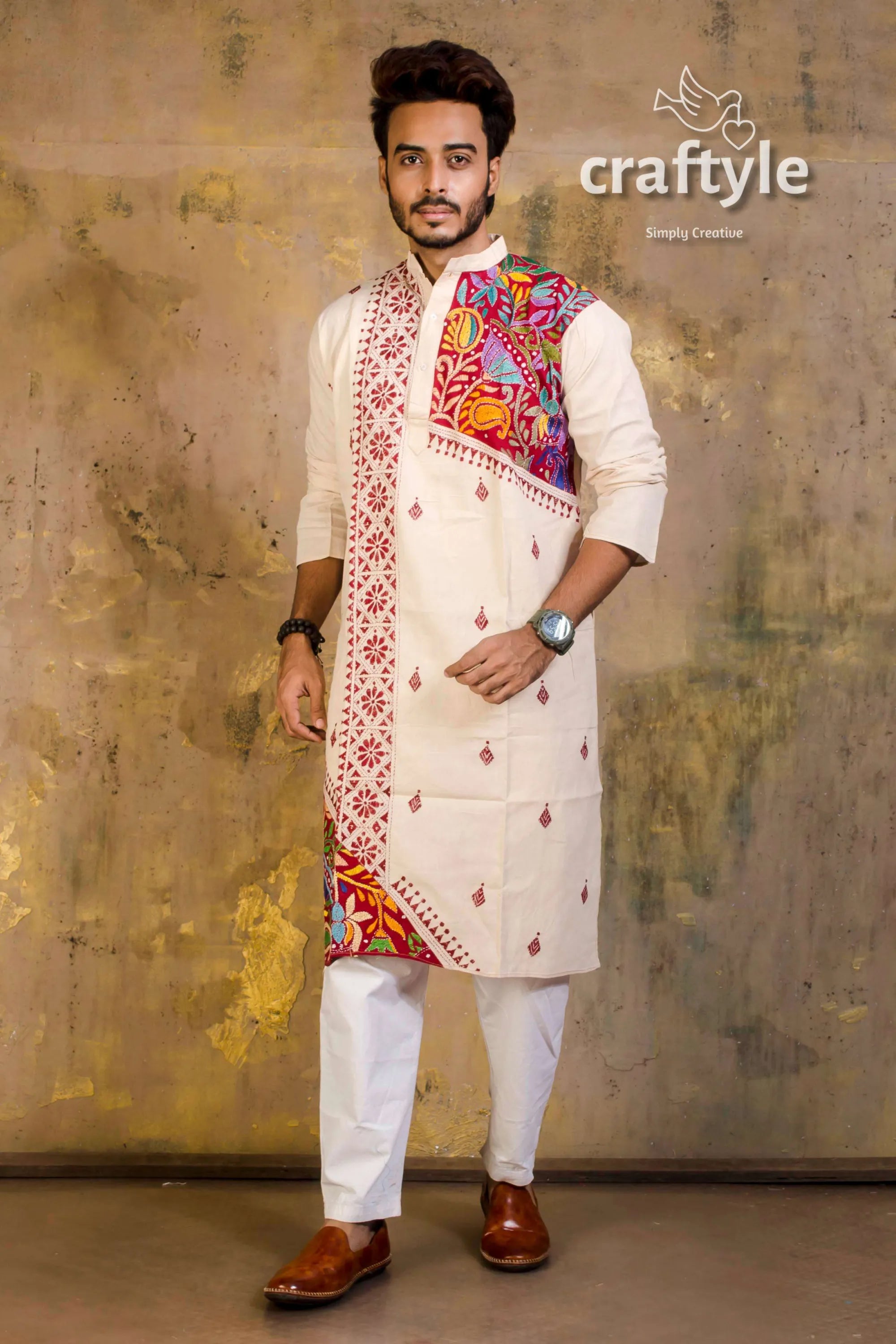 Hand embroidered kantha stitch cotton panjabi | mens kurta man cream-colored vibrant 3