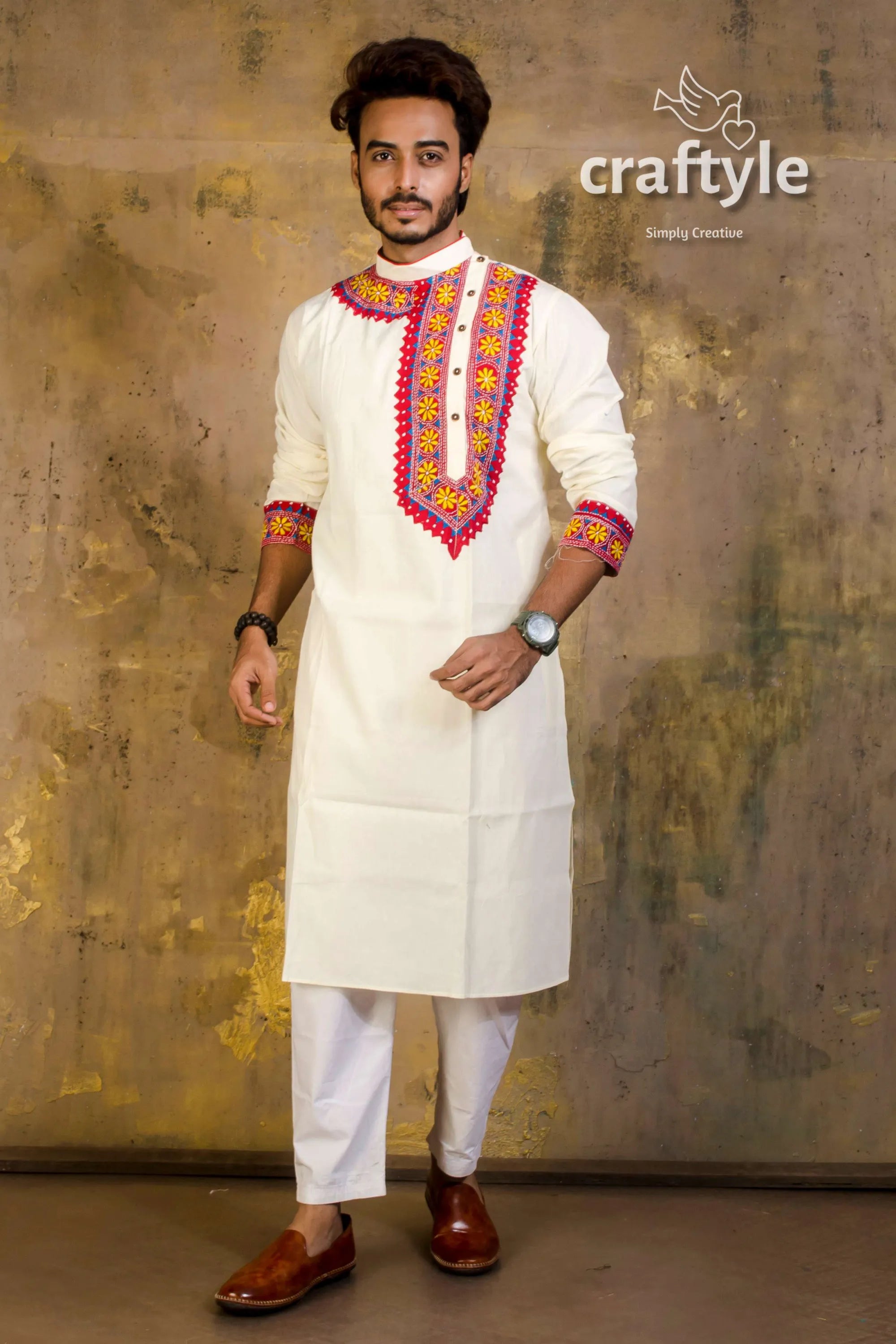Hand embroidered kantha stitch cotton panjabi | mens kurta white vibrant red 1