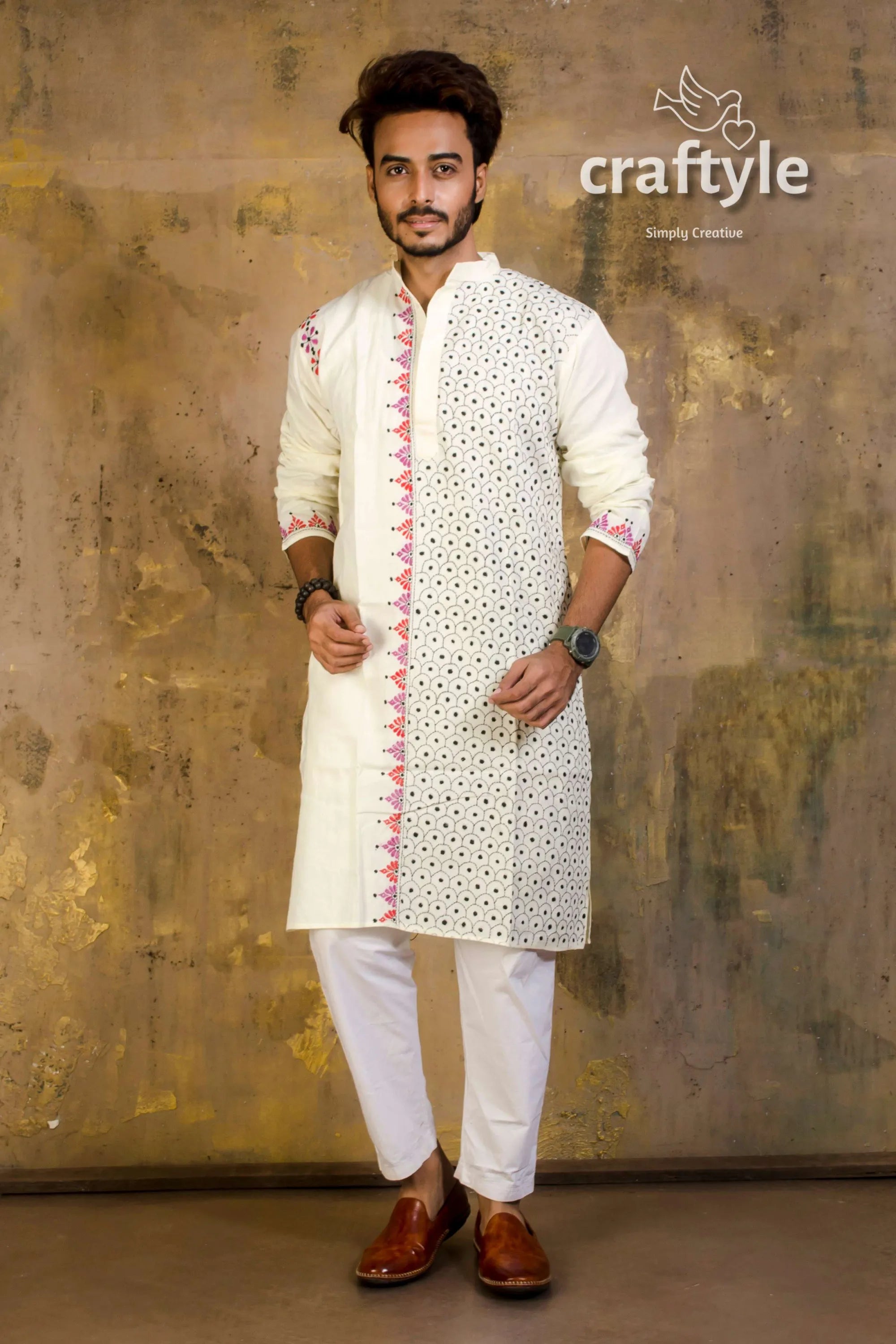 Hand embroidered kantha stitch cotton panjabi | mens kurta white pink black 1