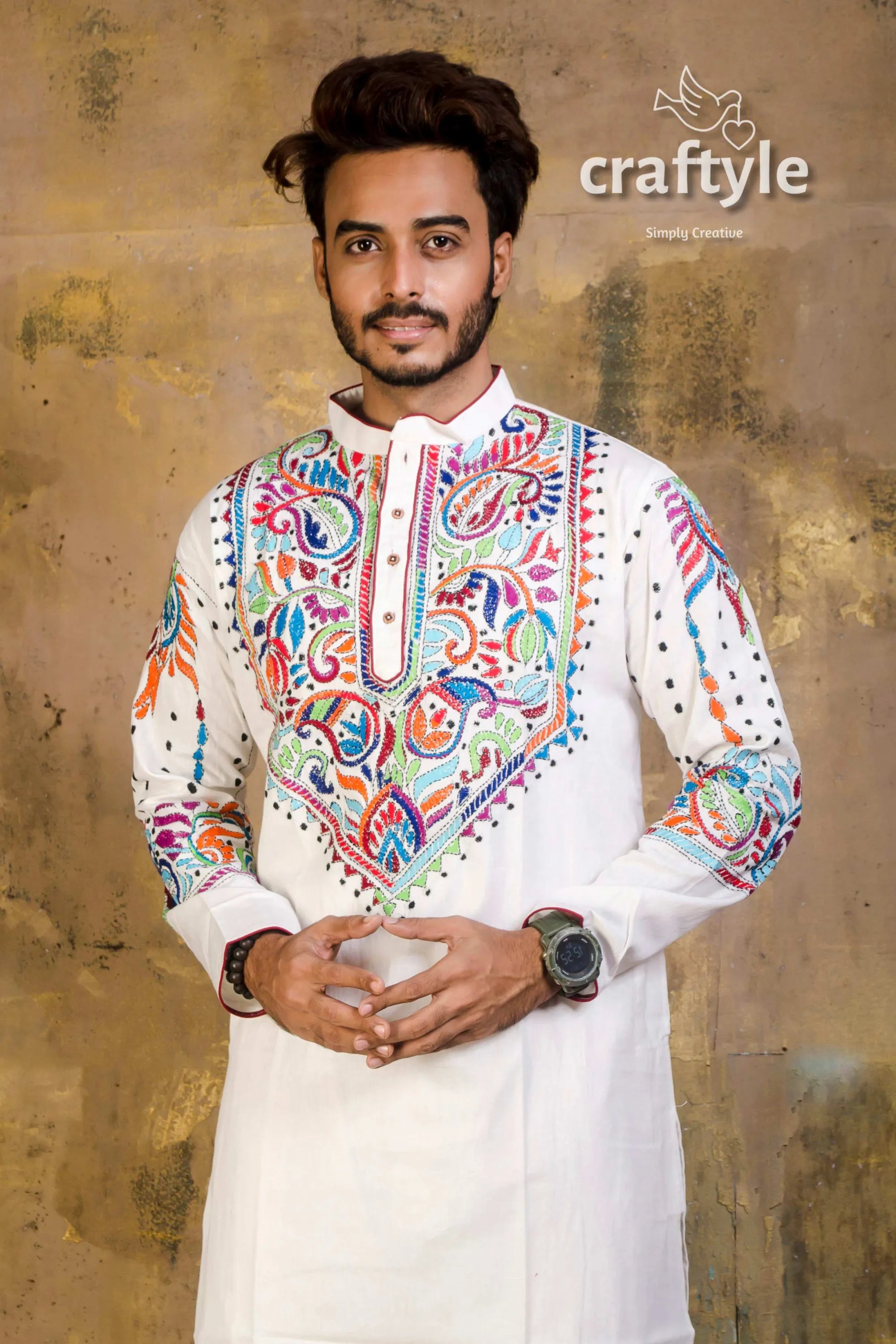 Hand embroidered kantha stitch cotton panjabi | mens kurta white vibrant colorful 2