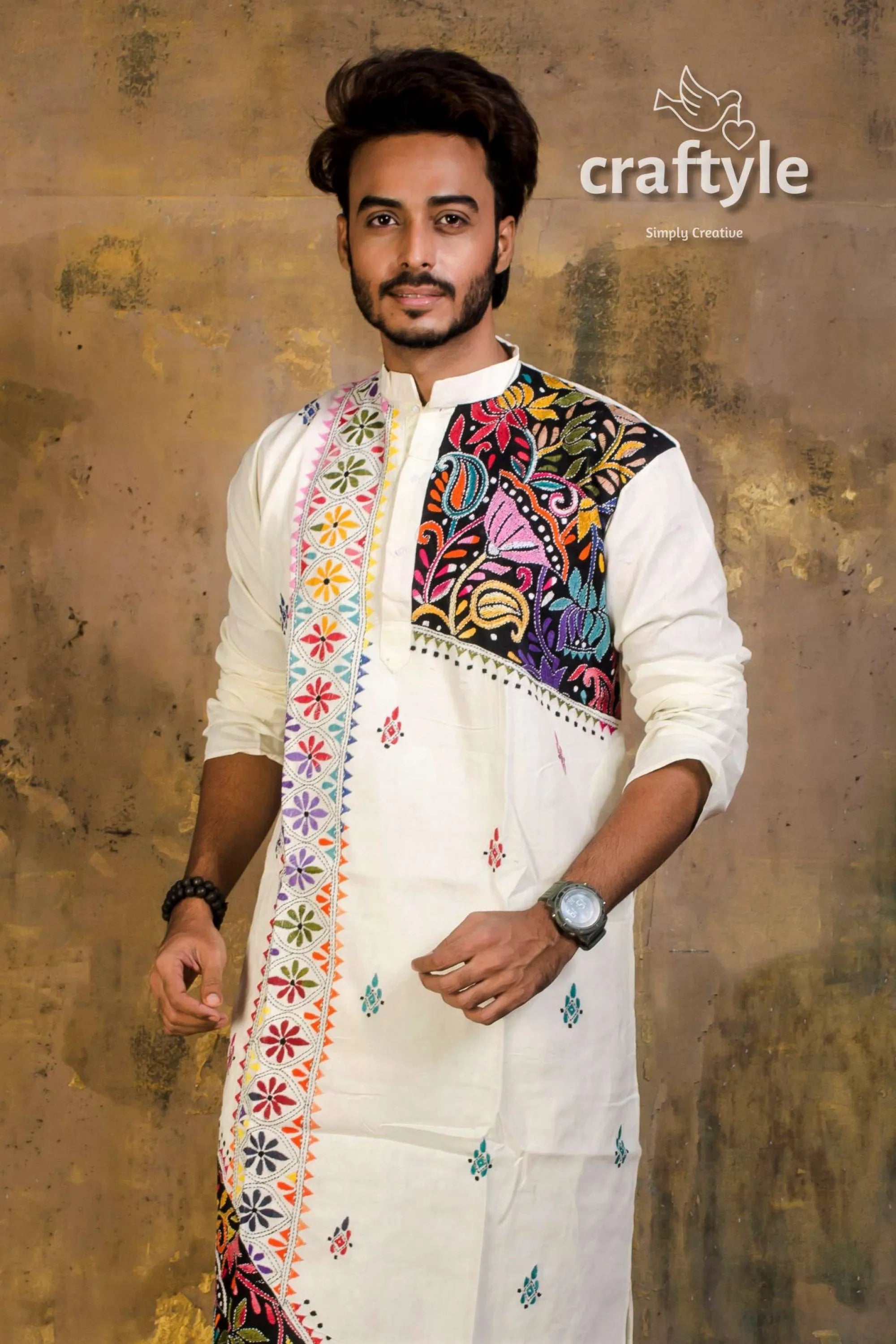 Hand embroidered kantha stitch cotton panjabi | mens kurta white vibrant colorful 3