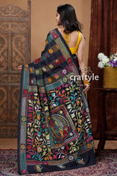 Hand embroidered kantha stitch saree multi thread soft silk black embroidered saree 4