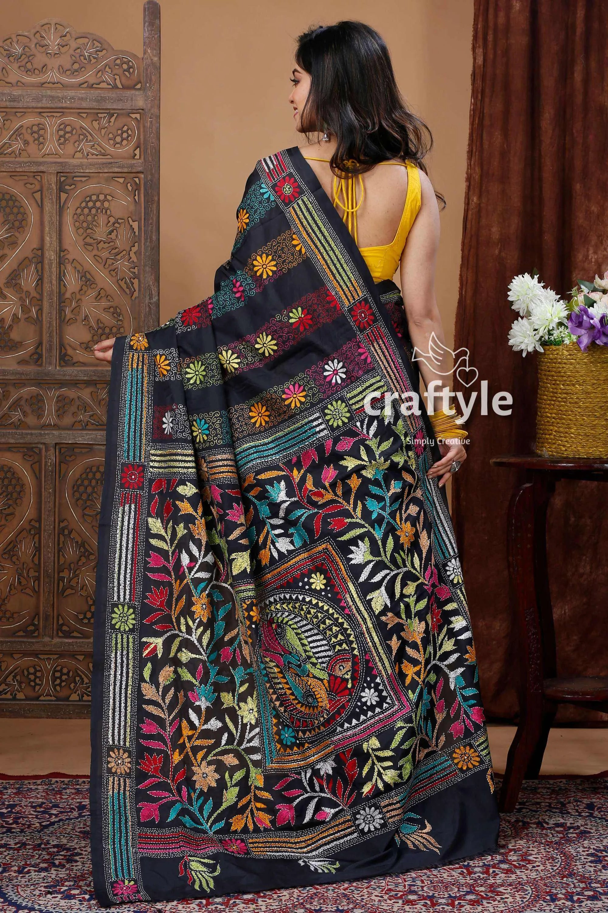 Hand-embroidered kantha stitch saree - multi-thread soft silk black embroidered saree 4