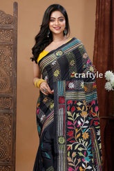 Hand embroidered kantha stitch saree multi thread soft silk black saree colorful floral embroidery 2