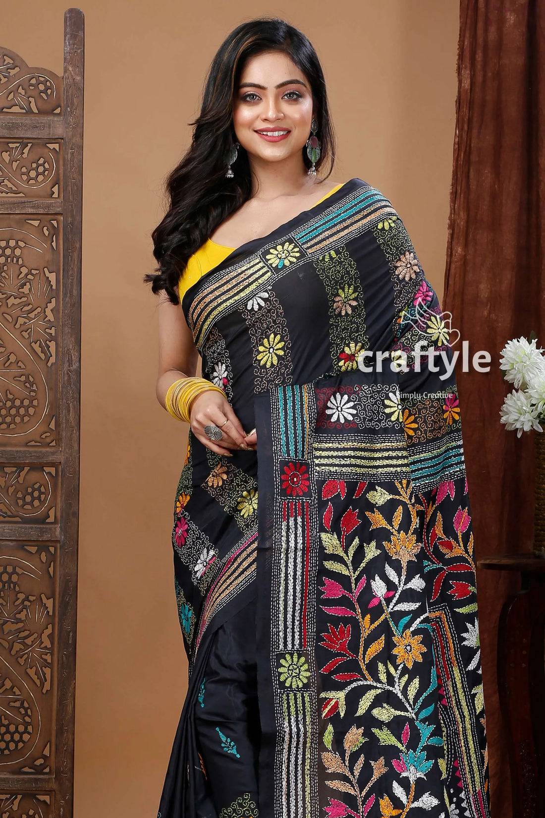 Hand-embroidered kantha stitch saree - multi-thread soft silk black saree colorful floral embroidery 2
