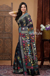 Hand embroidered kantha stitch saree multi thread soft silk black embroidered saree 3