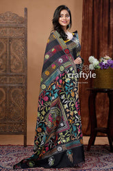 Hand embroidered kantha stitch saree multi thread soft silk black embroidered shawl 5